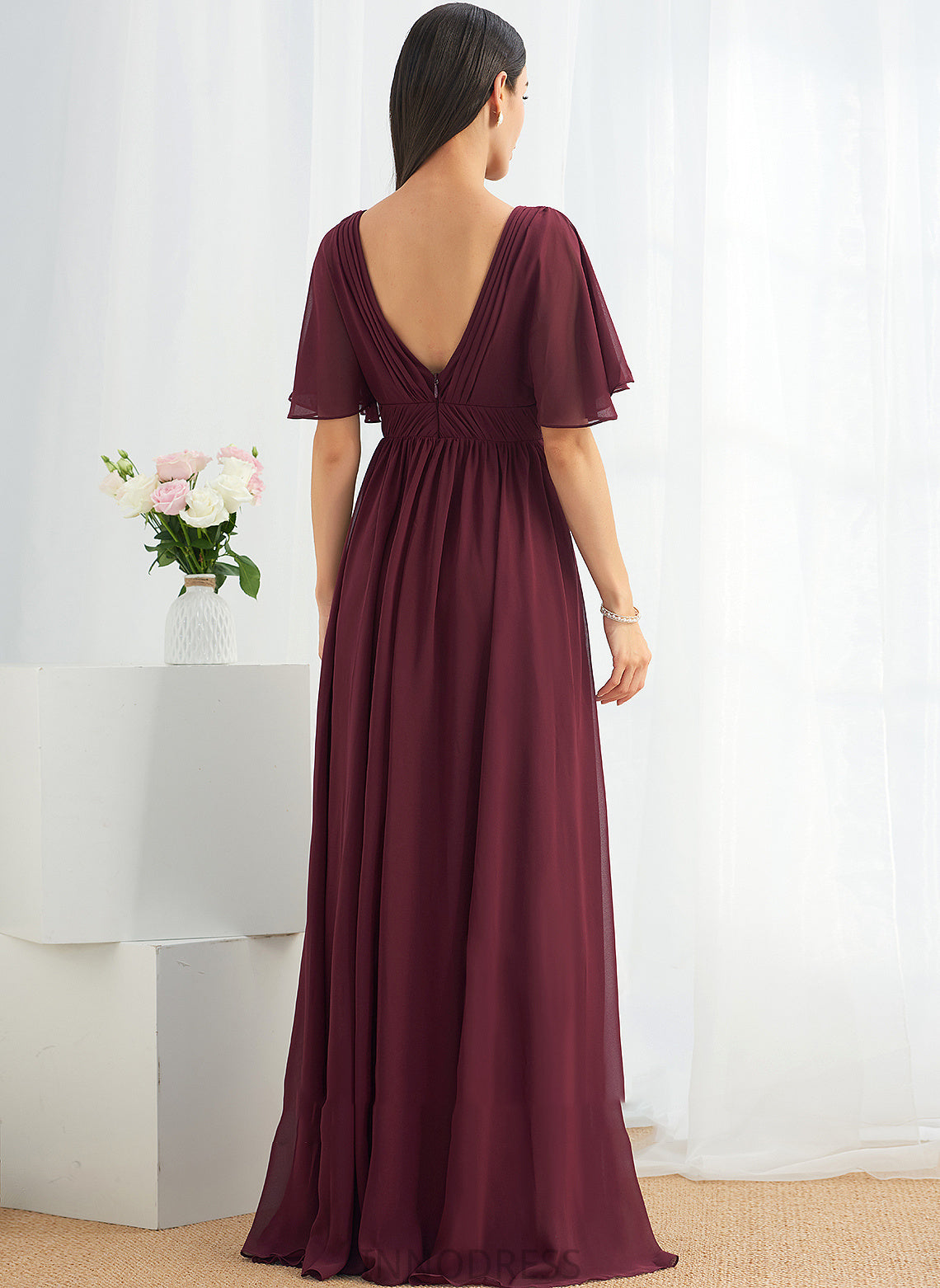 Embellishment Neckline V-neck Silhouette Floor-Length Fabric Length A-Line Ruffle Adrienne A-Line/Princess Sleeveless