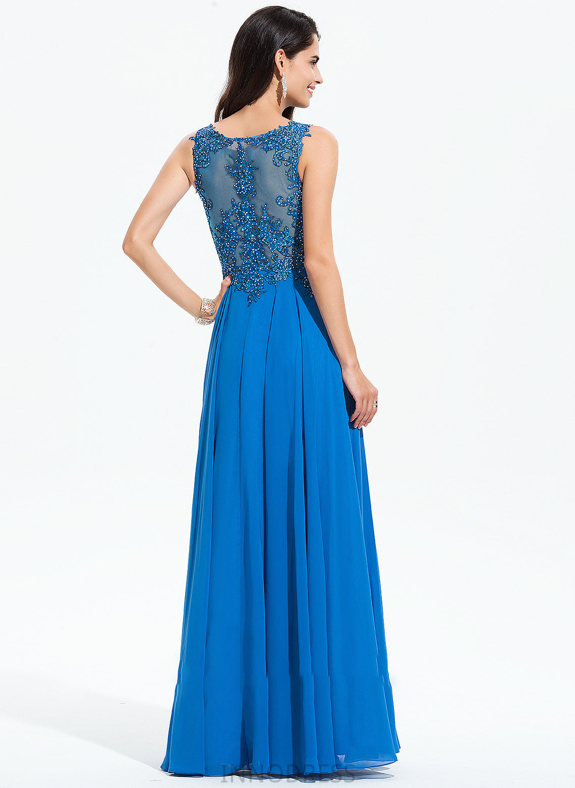 Sequins Prom Dresses Barbara Scoop Chiffon Floor-Length Beading Neck Lace A-Line With