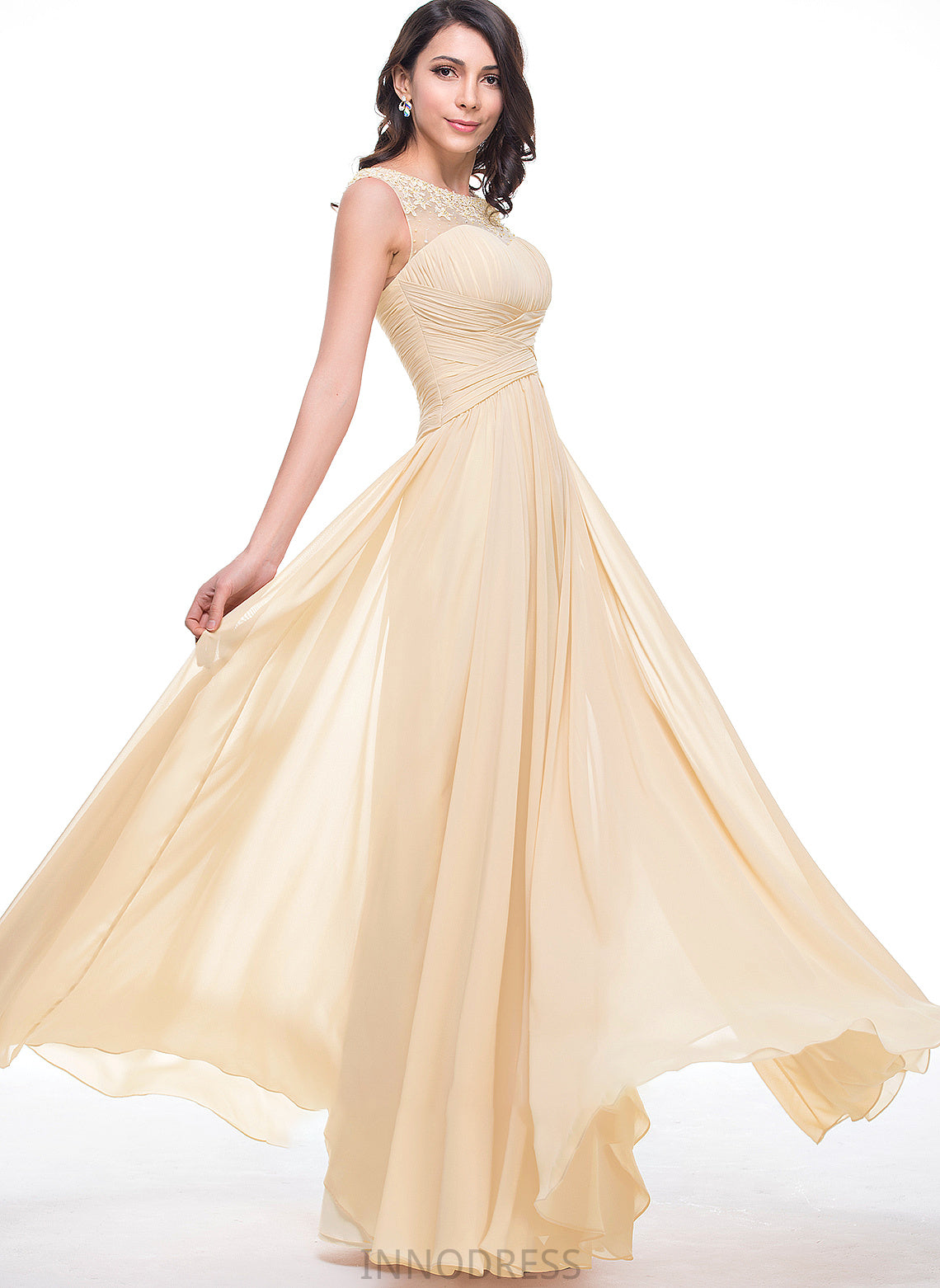 Prom Dresses A-Line Scoop With Flower(s) Floor-Length Neck Chiffon Ruffle Beading Nora