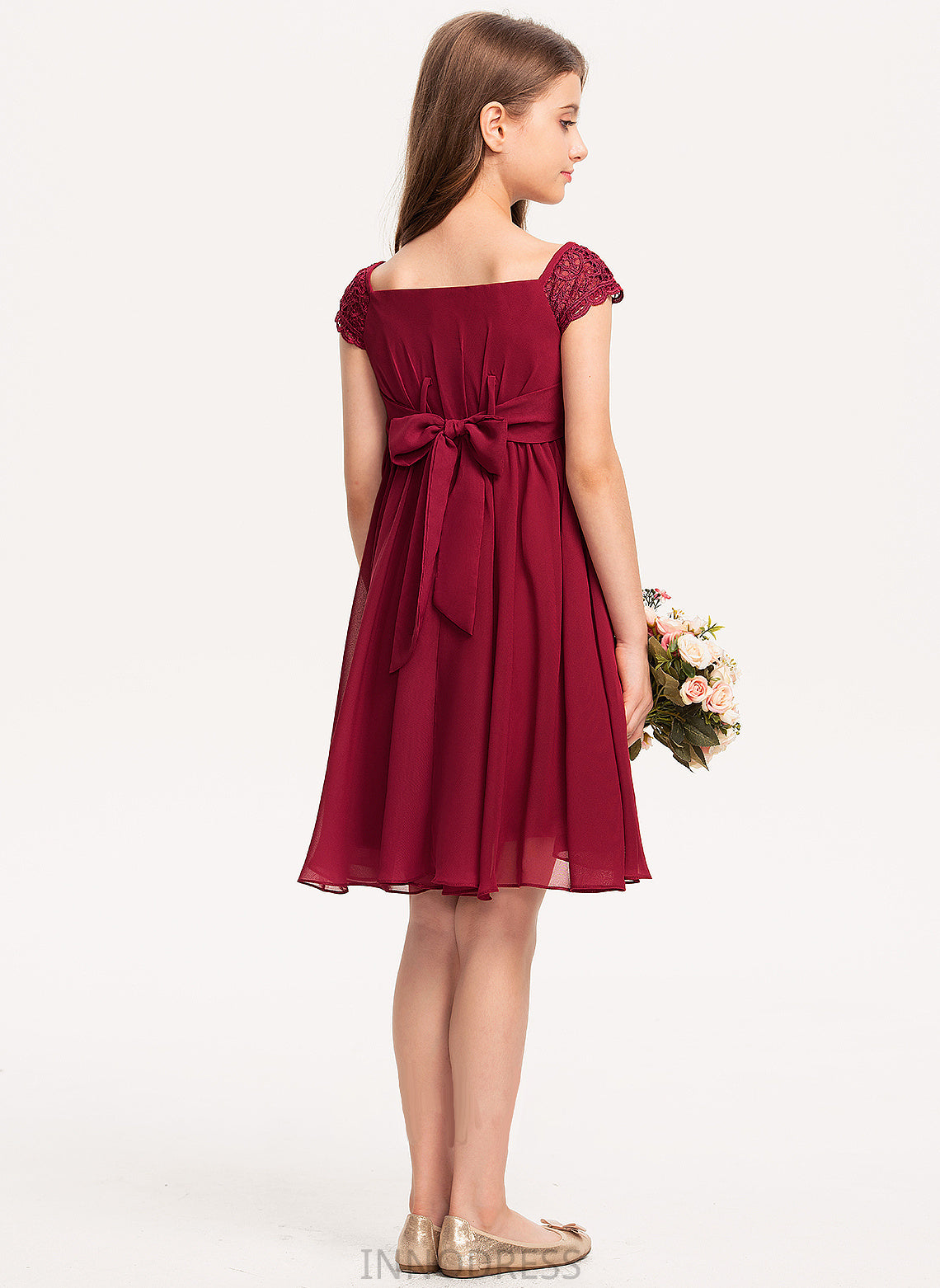 With Off-the-Shoulder Junior Bridesmaid Dresses Madalyn A-Line Chiffon Bow(s) Knee-Length Lace