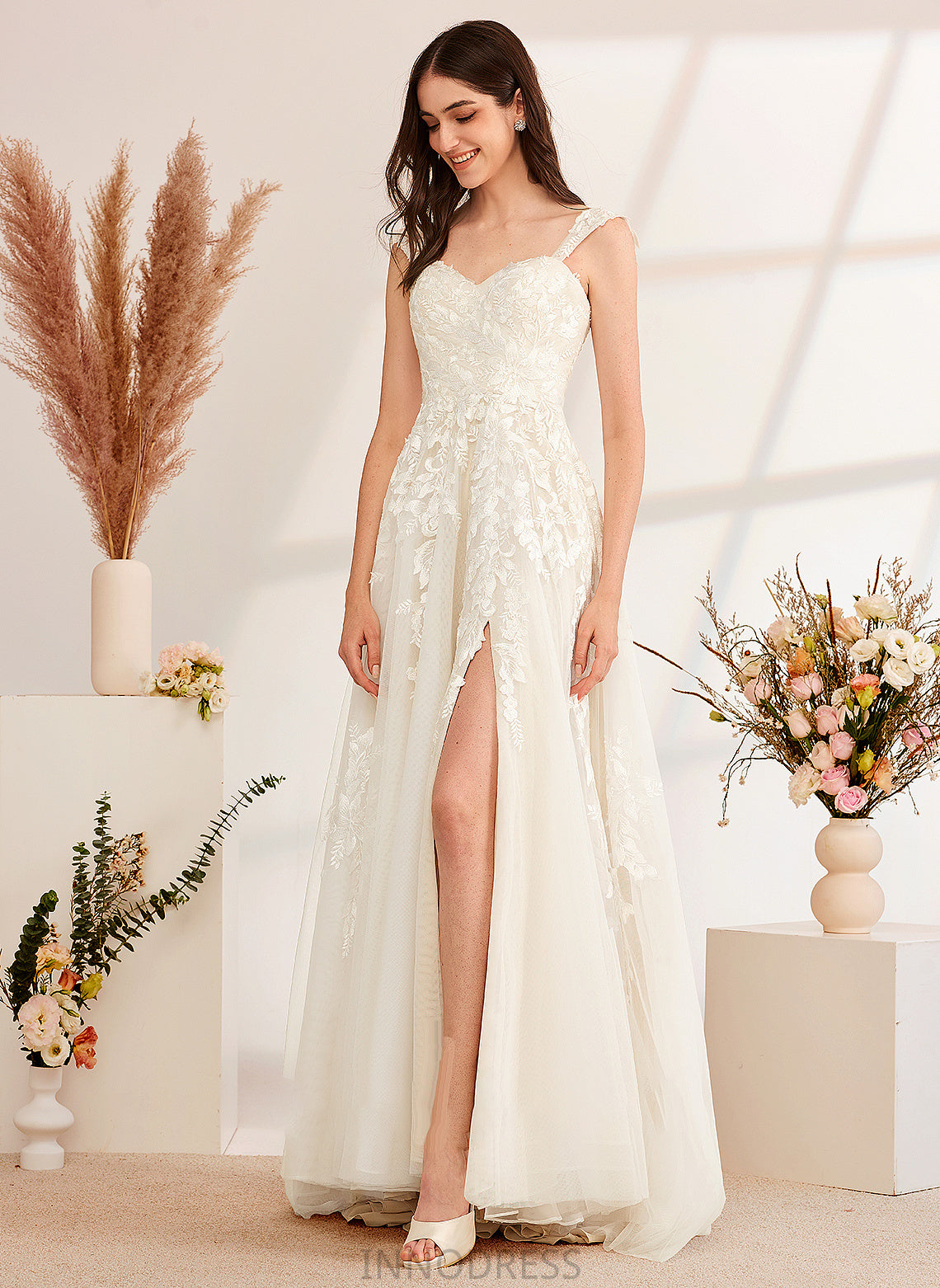 Wedding Sequins Wedding Dresses Train A-Line With Sweep Off-the-Shoulder Dress Beading Isabell