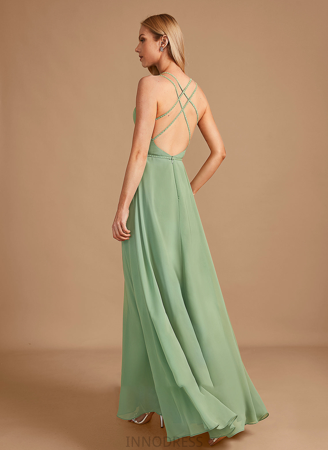 V-neck A-Line Floor-Length Fabric Sequins Beading Embellishment Length Silhouette Neckline Myla Sheath/Column