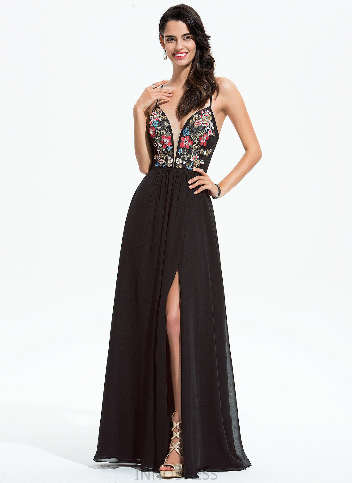 A-Line Chiffon With Prom Dresses Lace Sequins Floor-Length Miya V-neck