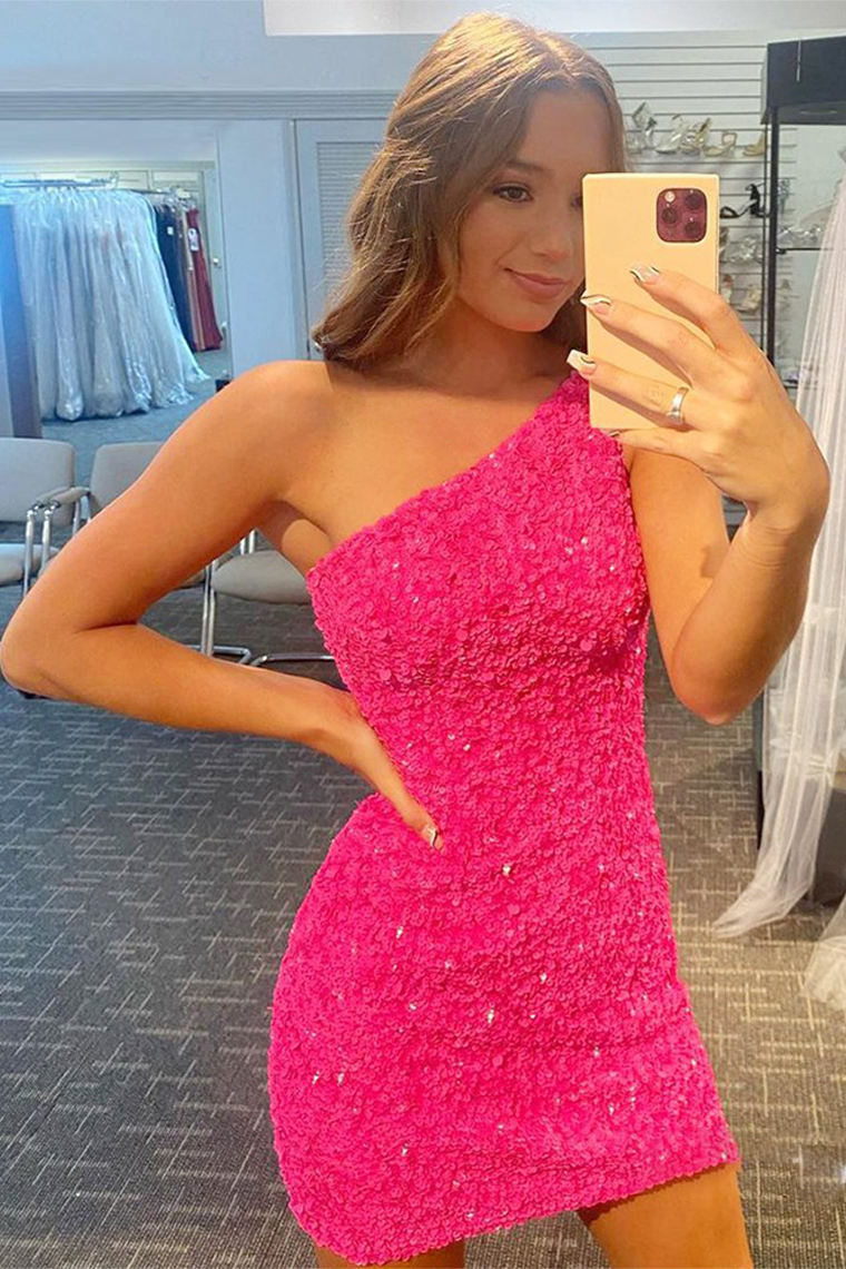 Glitter One-Shoulder Hot Pink Homecoming Dresses Melanie With Sequins
