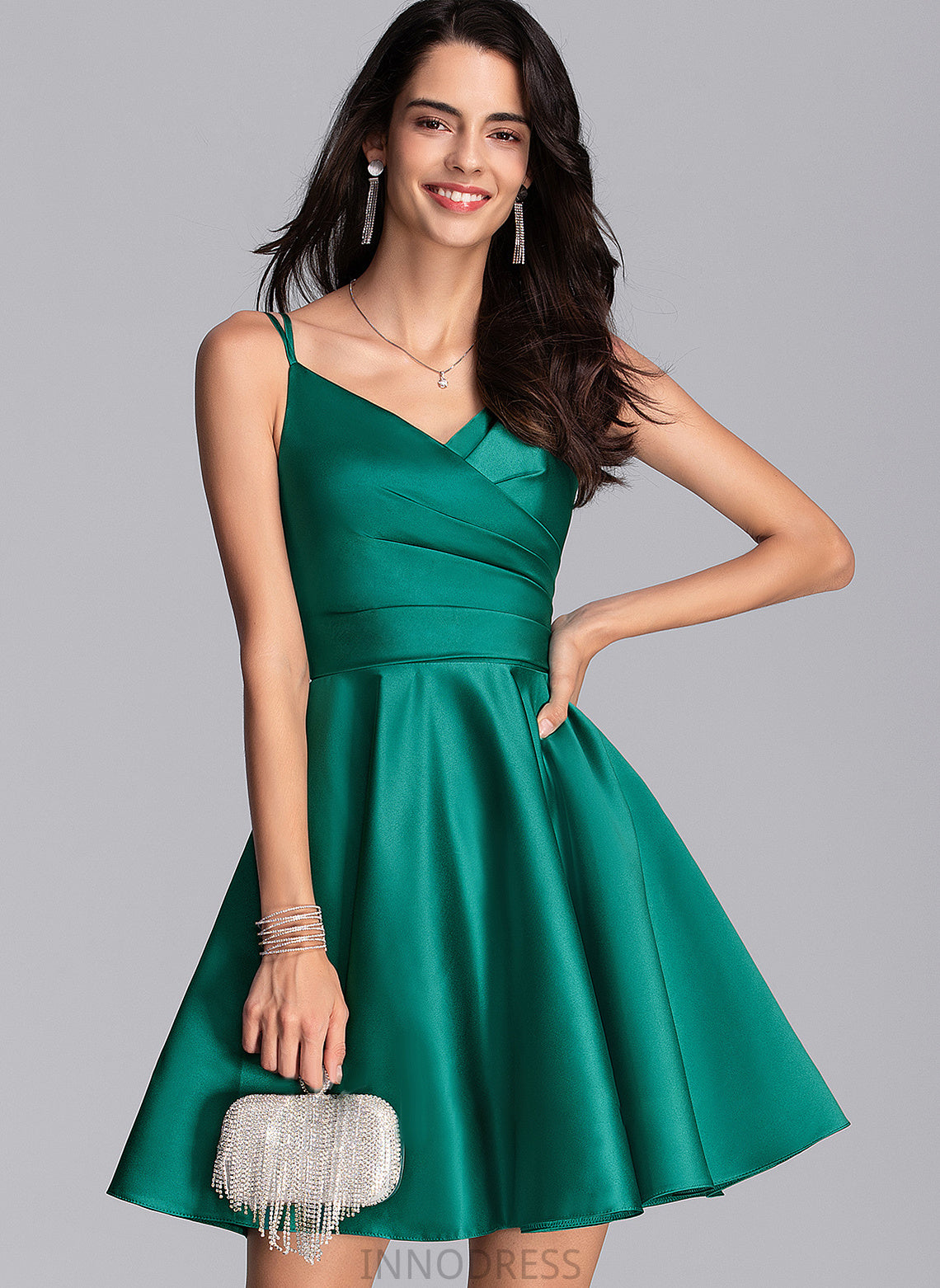 Lilia V-neck Pockets Ruffle Prom Dresses A-Line Satin Short/Mini With