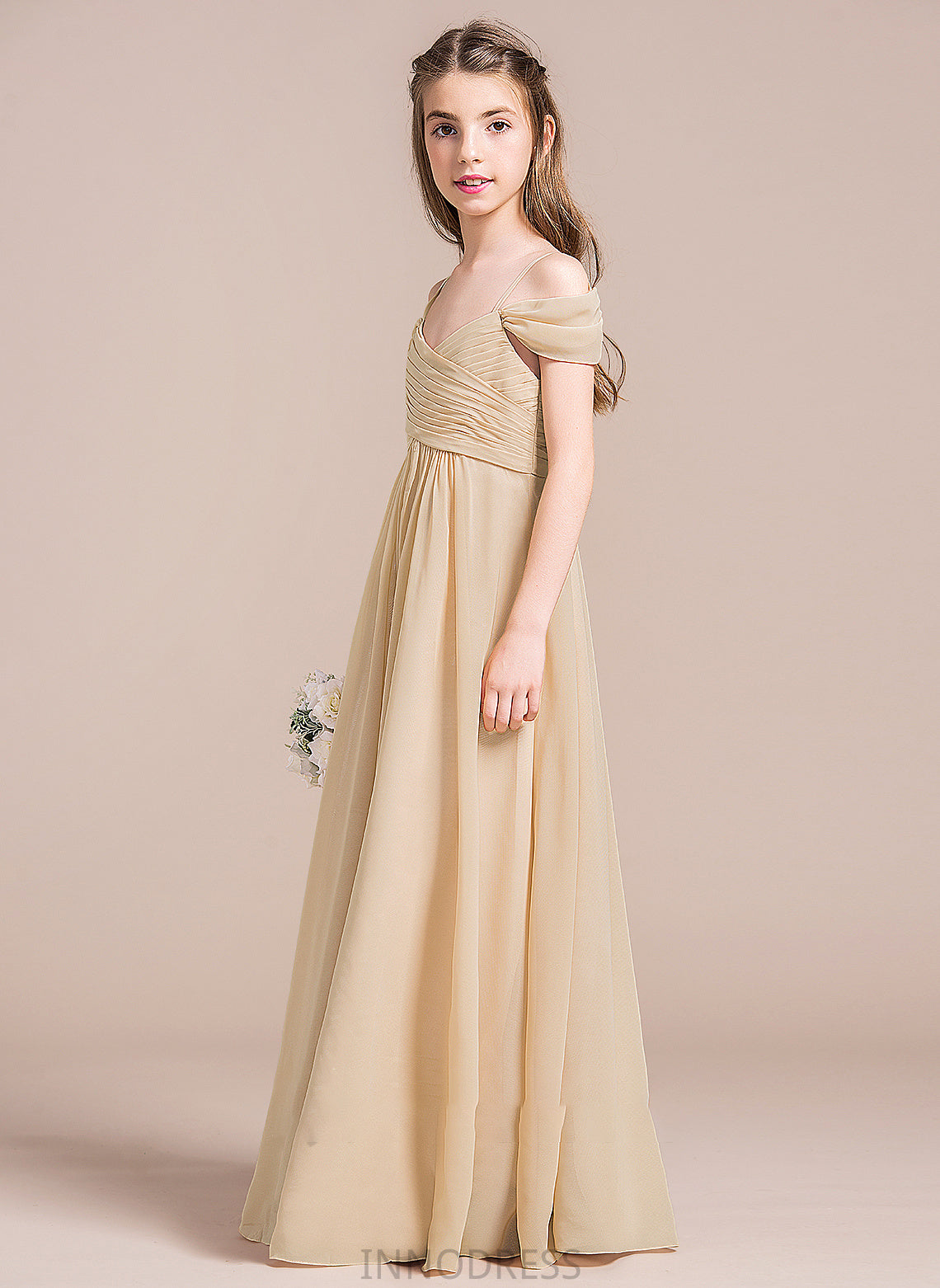 Chiffon Floor-Length A-Line Ruffle Junior Bridesmaid Dresses Off-the-Shoulder With Leslie