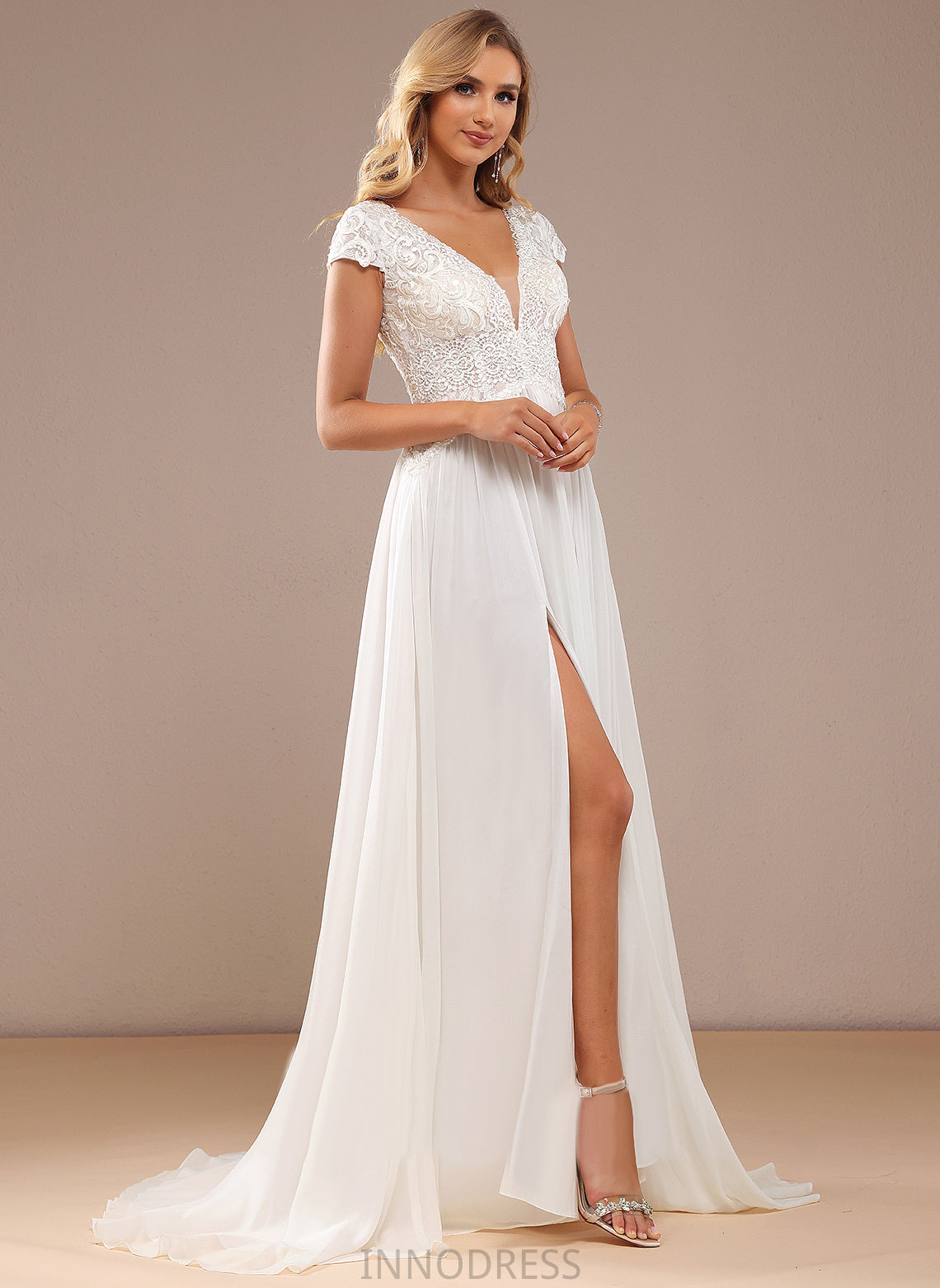Chiffon Wedding V-neck Lace Dress Stella Front Train Sweep Wedding Dresses Lace A-Line With Split