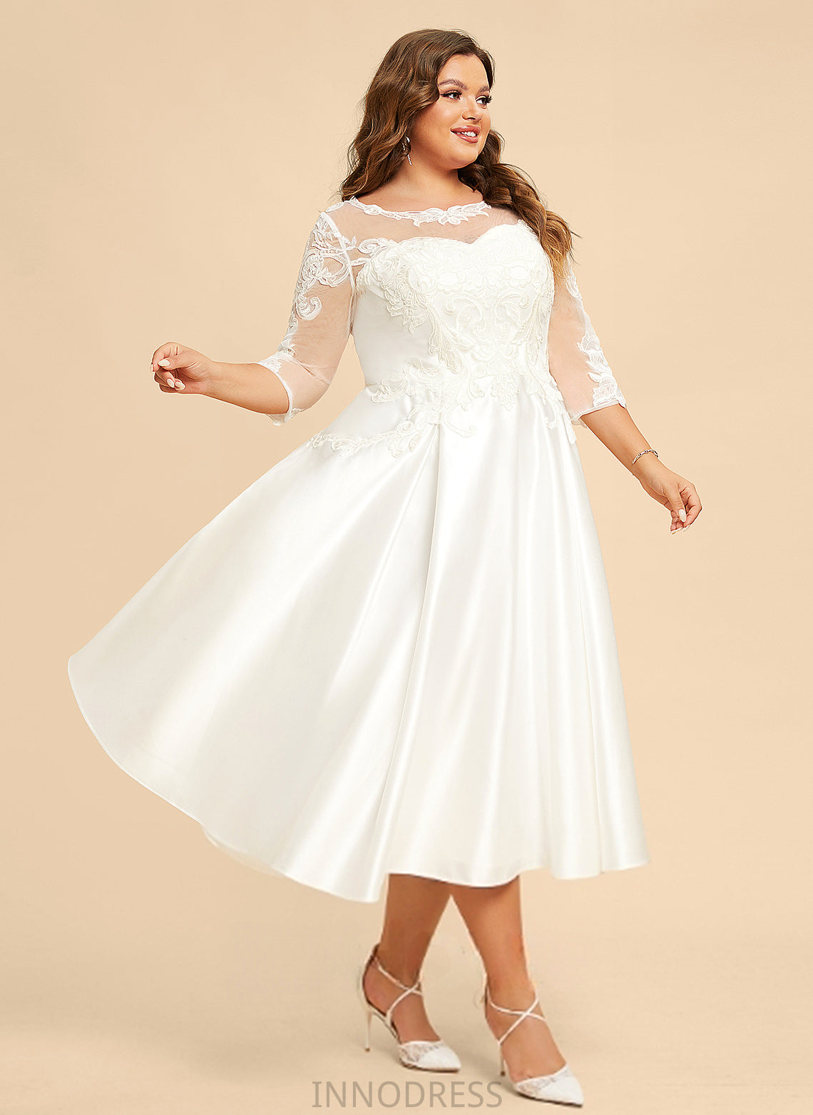 Sylvia Illusion Wedding Satin Wedding Dresses Tea-Length A-Line Lace Dress