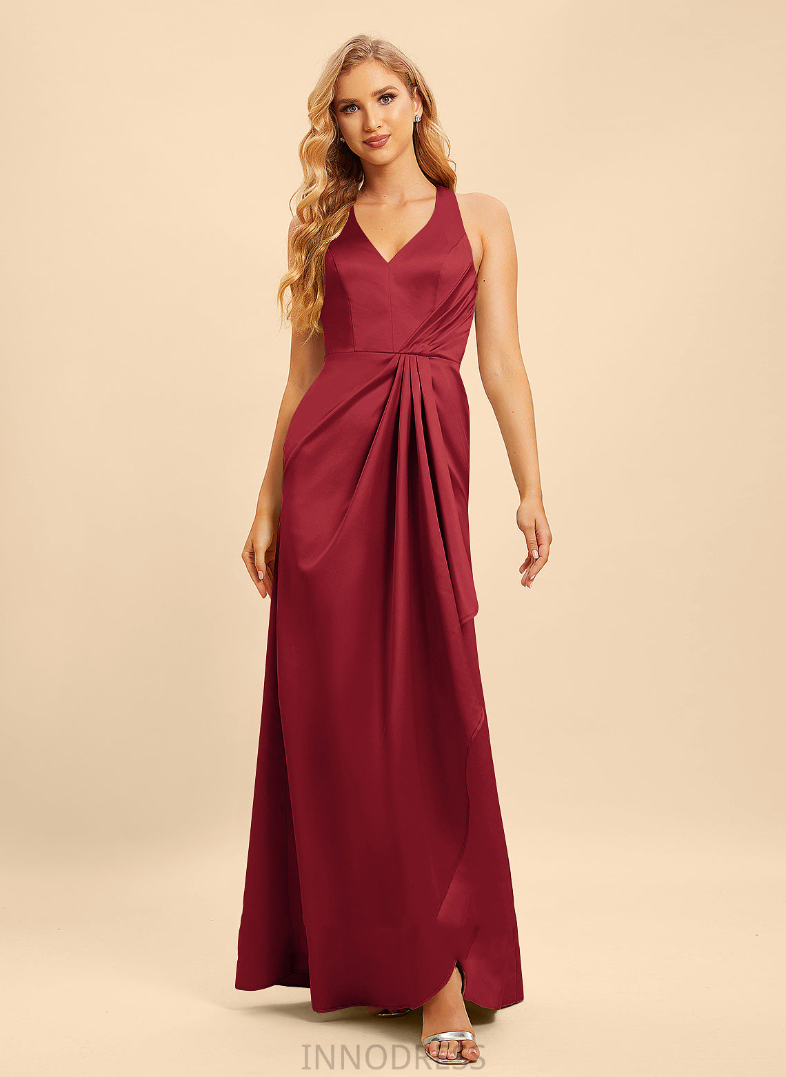 SplitFront Neckline Floor-Length Ruffle Length Embellishment Fabric V-neck A-Line Silhouette Yadira Halter Bridesmaid Dresses