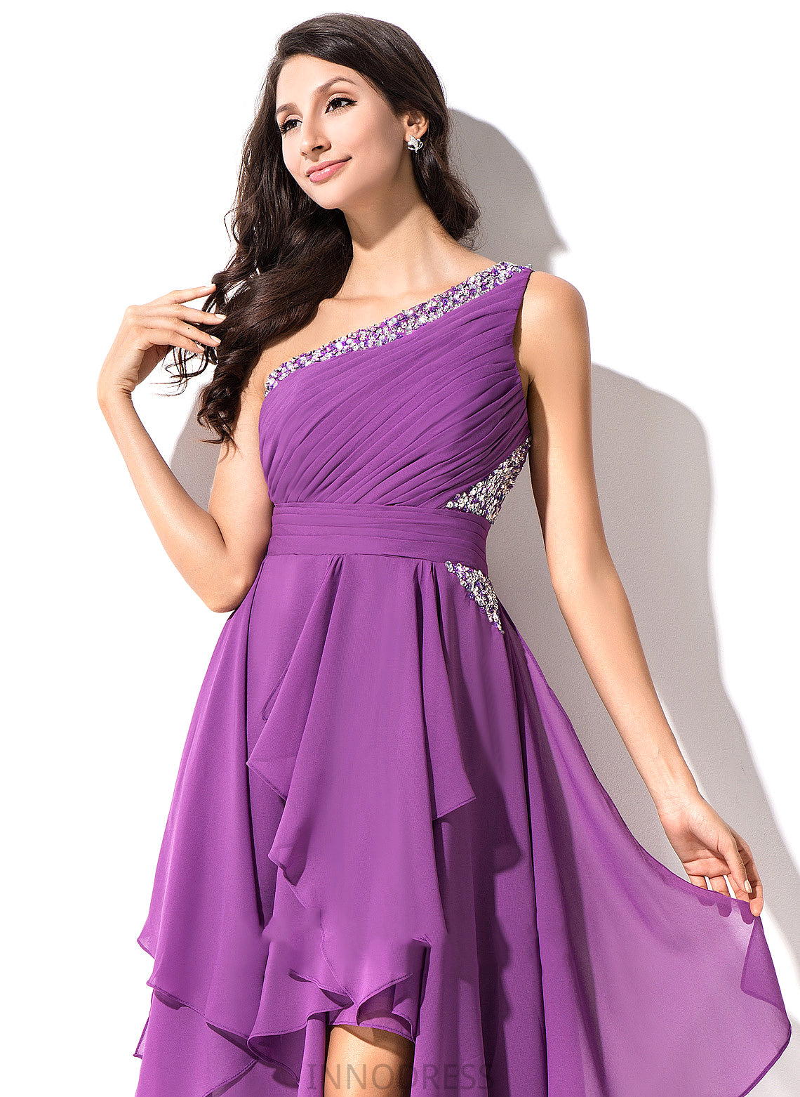 Chiffon A-Line Beading Madalyn One-Shoulder Dress Homecoming Dresses Homecoming Sequins Asymmetrical With Ruffle