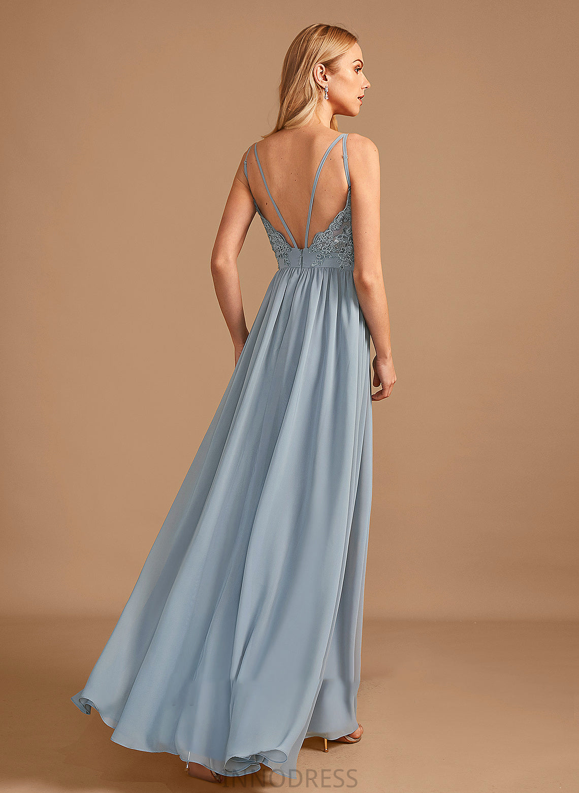 A-Line Fabric Neckline V-neck Ruffle Floor-Length Silhouette Length Embellishment Briana A-Line/Princess Straps