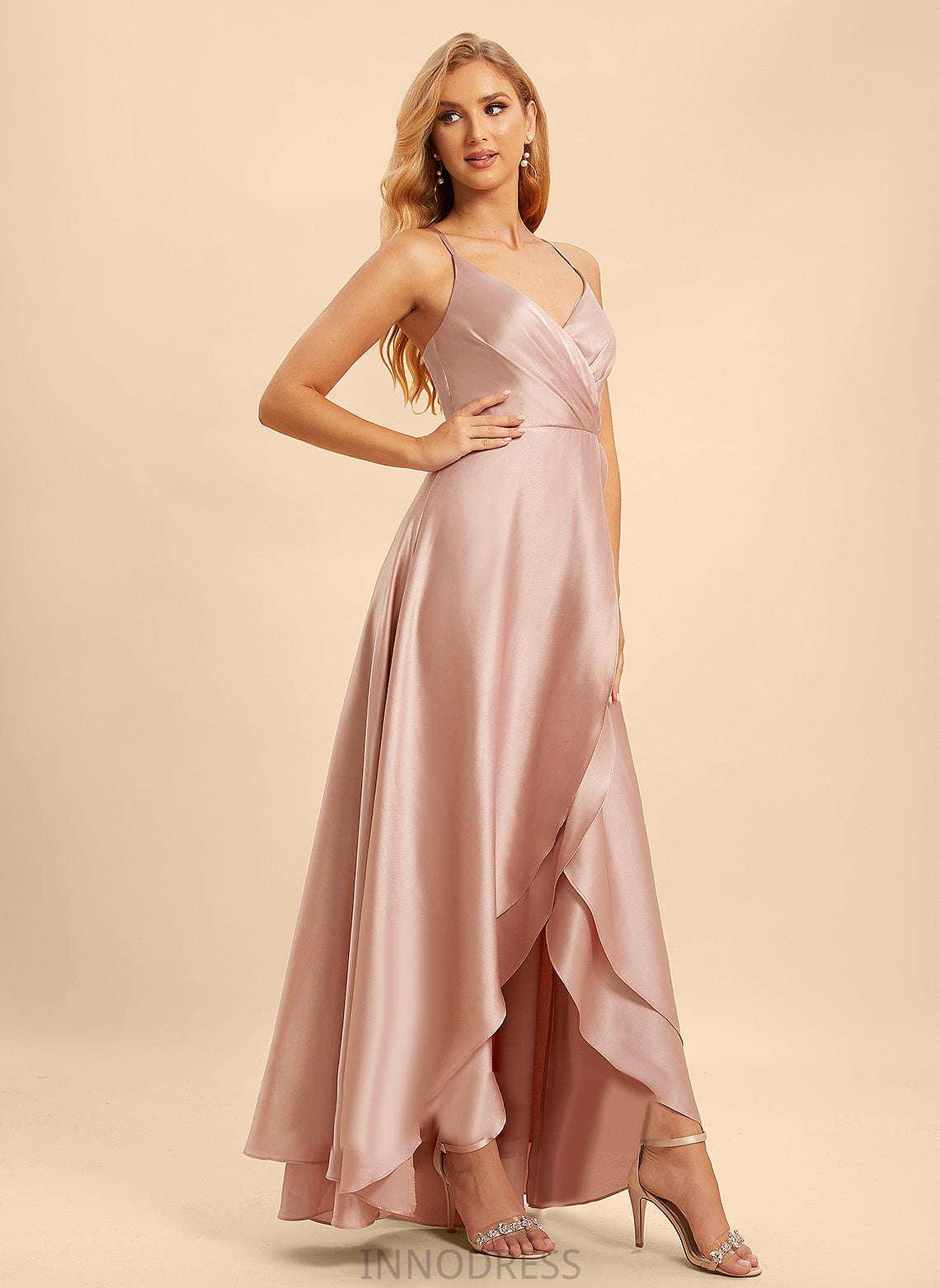 Silhouette V-neck Neckline Asymmetrical Length Ruffle Embellishment Fabric A-Line Bianca A-Line/Princess Floor Length Bridesmaid Dresses