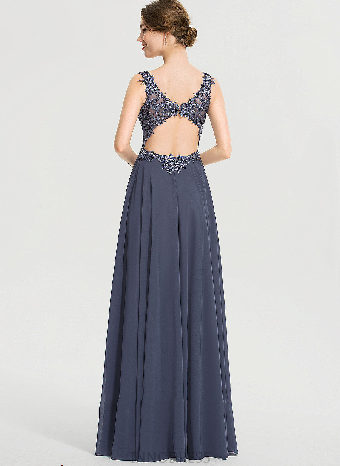 Anika A-Line Beading Front Chiffon Prom Dresses With Sequins Floor-Length Split V-neck