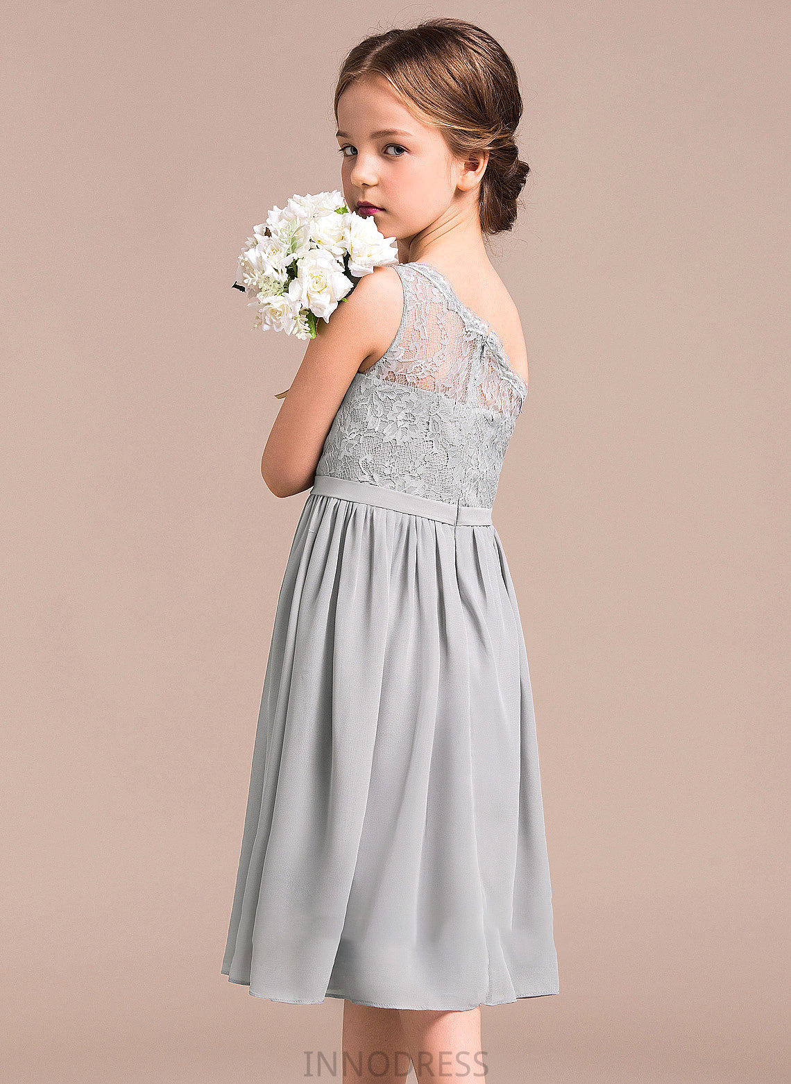 Arianna A-Line Lace Junior Bridesmaid Dresses One-Shoulder Chiffon Knee-Length