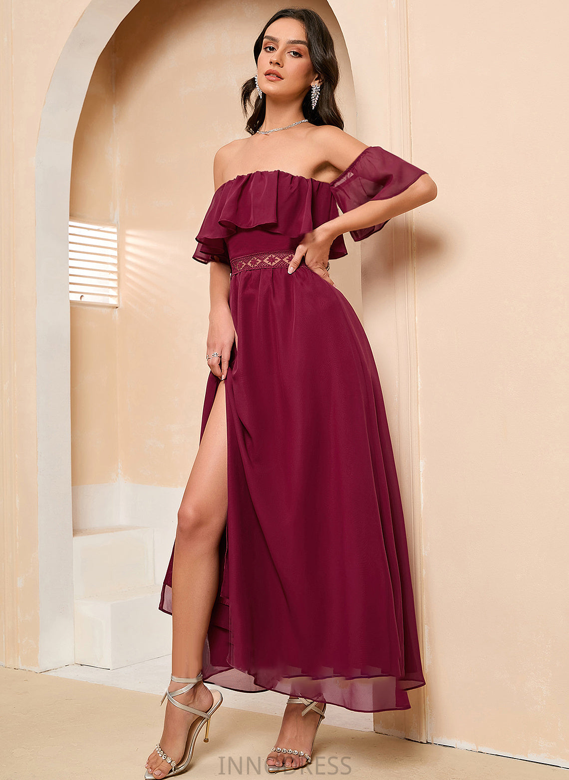 Split Front Riley Prom Dresses Ankle-Length Off-the-Shoulder A-Line With