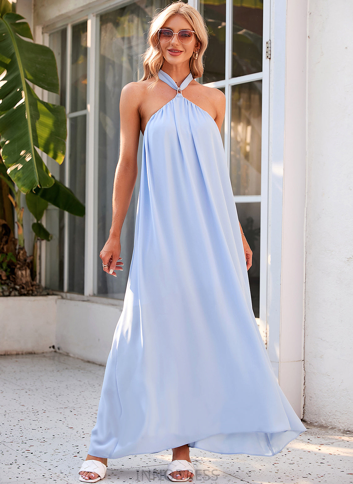 Fabric Ankle-Length Halter Silhouette A-Line Straps Length Neckline Jaslyn Short Sleeves A-Line/Princess Natural Waist Bridesmaid Dresses