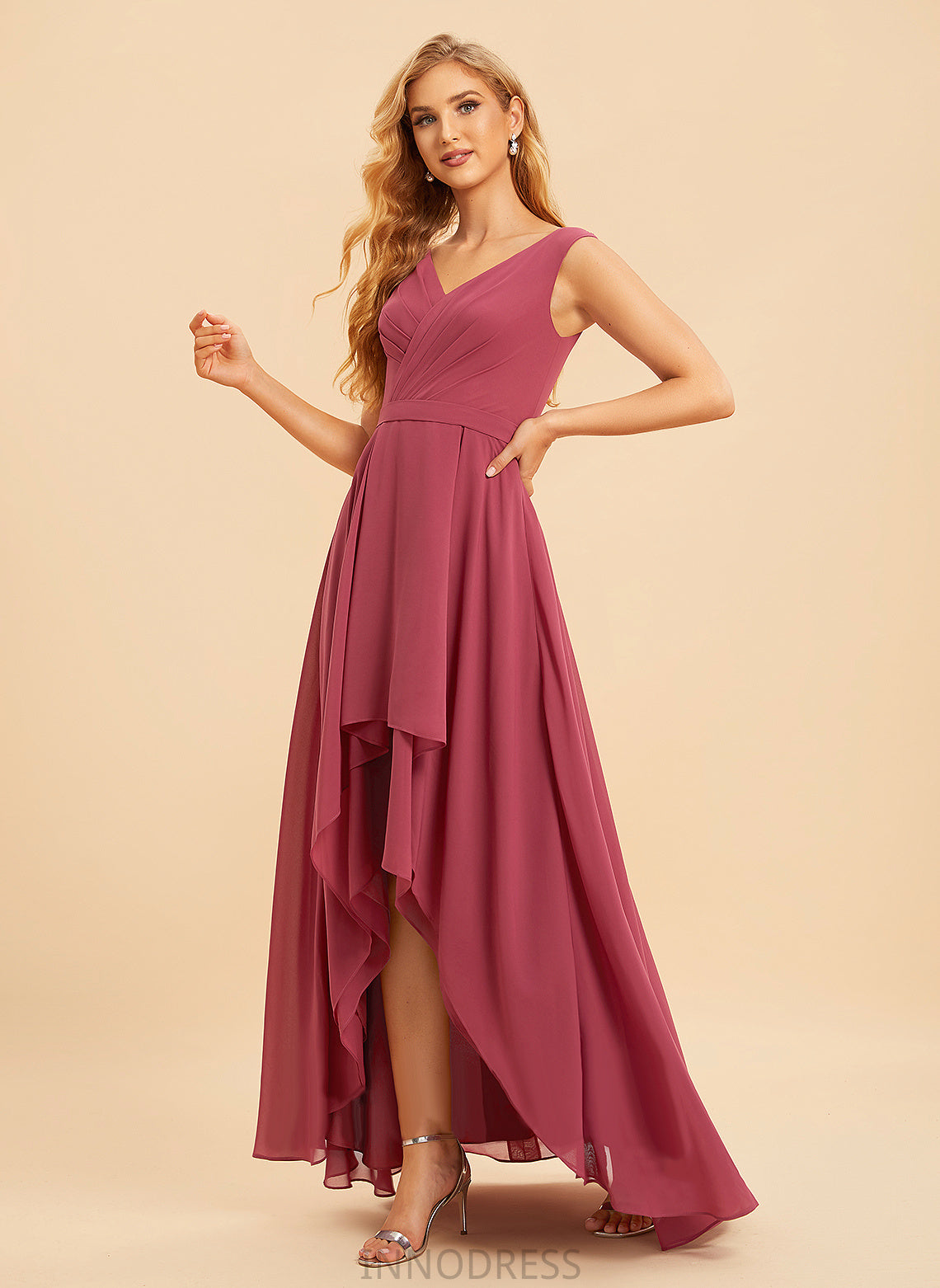 Fabric A-Line Asymmetrical Ruffle Silhouette V-neck Length Neckline Embellishment Kyleigh Natural Waist A-Line/Princess Bridesmaid Dresses