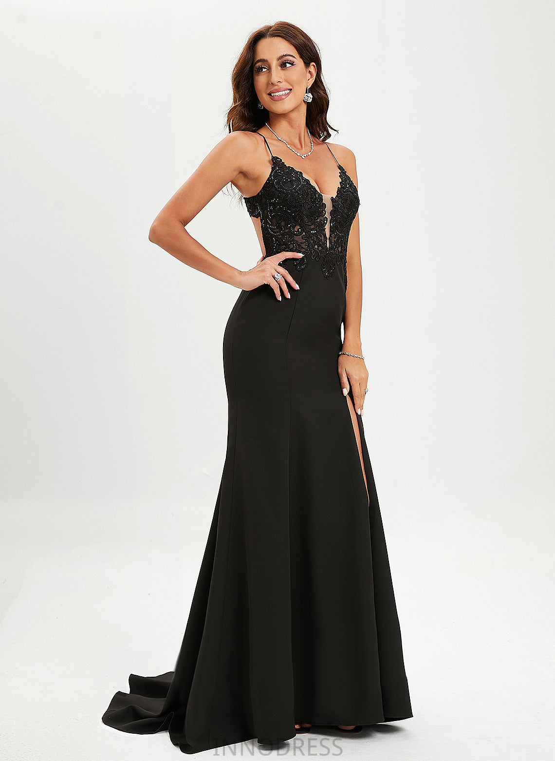 Willow V-neck Prom Dresses Train Stretch Sequins Lace With Sweep Crepe Trumpet/Mermaid