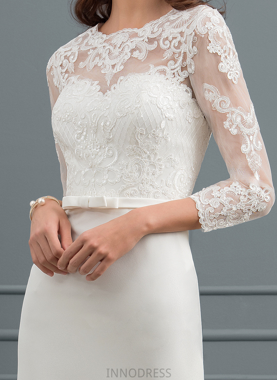 Illusion Sequins Wedding Dresses Bow(s) Tania Knee-Length Lace With Wedding Dress Sheath/Column