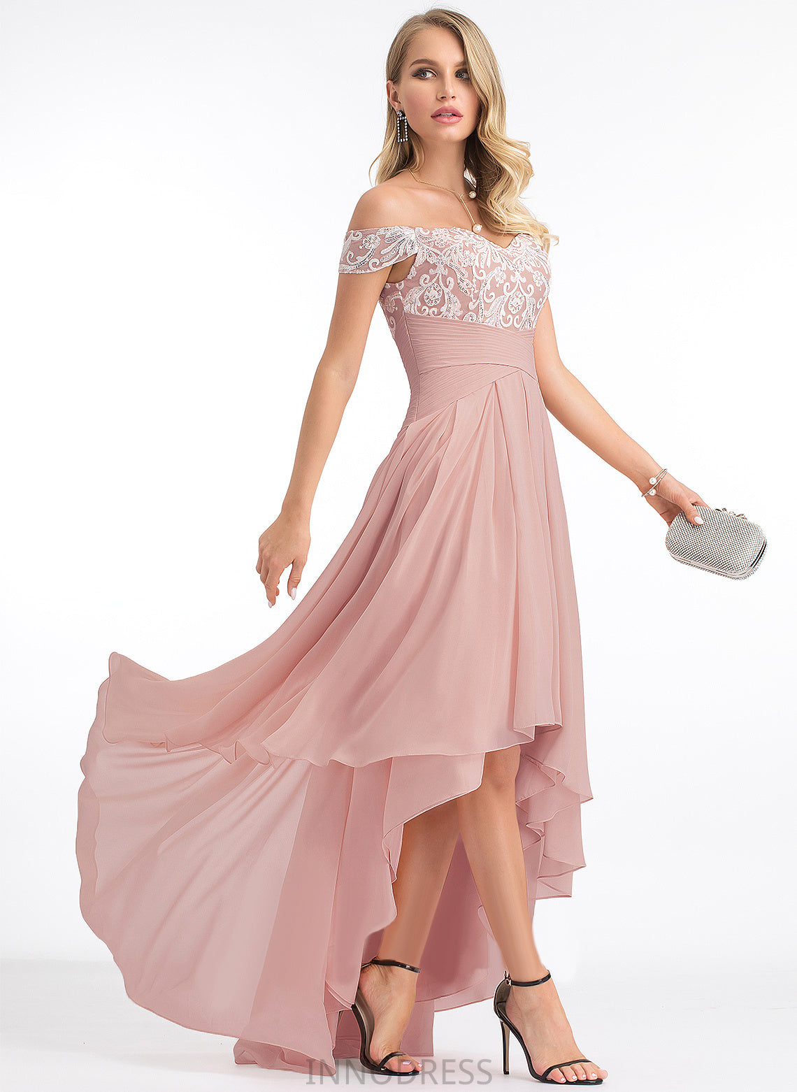 Pleated Rosemary Wedding Dresses A-Line Asymmetrical Lace Off-the-Shoulder Wedding Chiffon Dress With