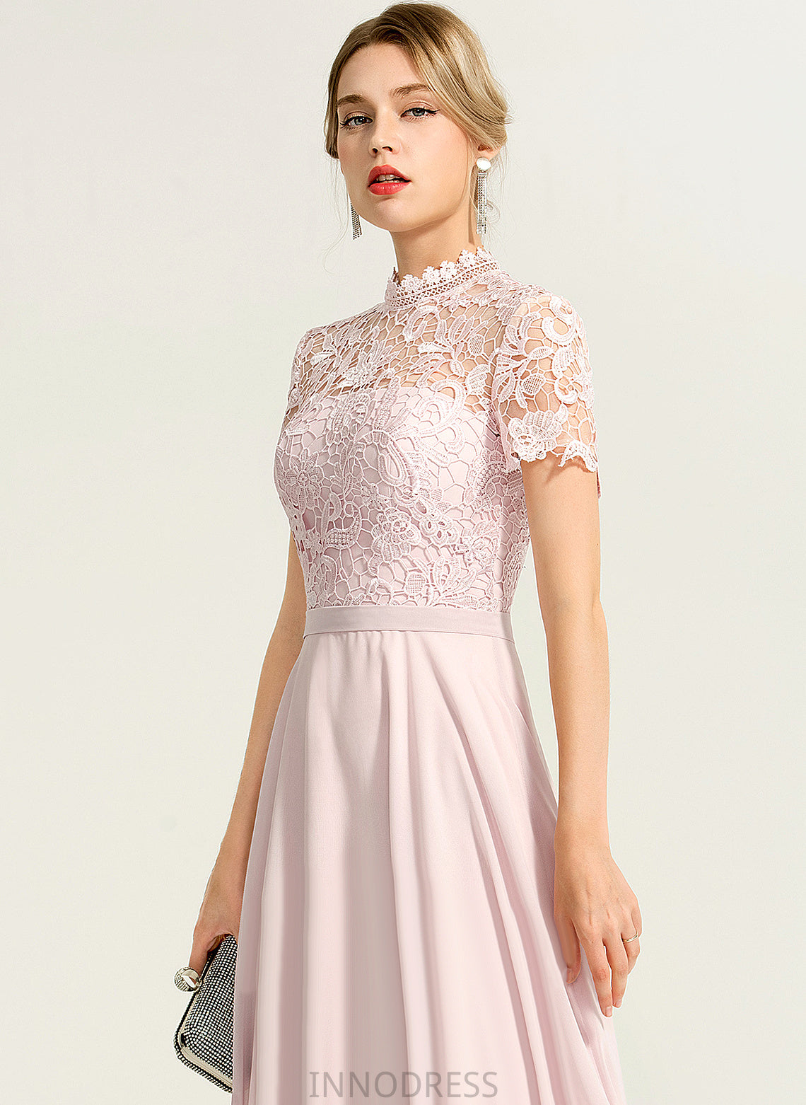 Floor-Length High Illusion A-Line Lace Prom Dresses Karissa Chiffon Neck