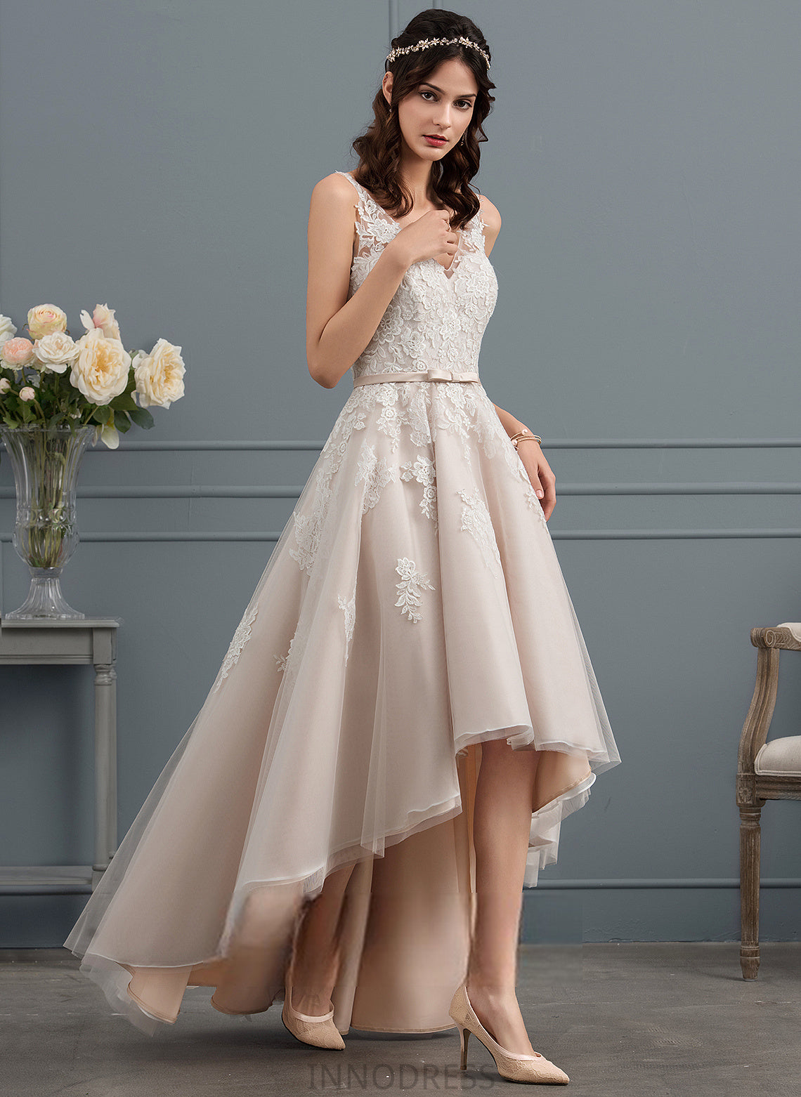 Bow(s) Carolina Asymmetrical Tulle V-neck Wedding Wedding Dresses Satin A-Line Dress With Lace
