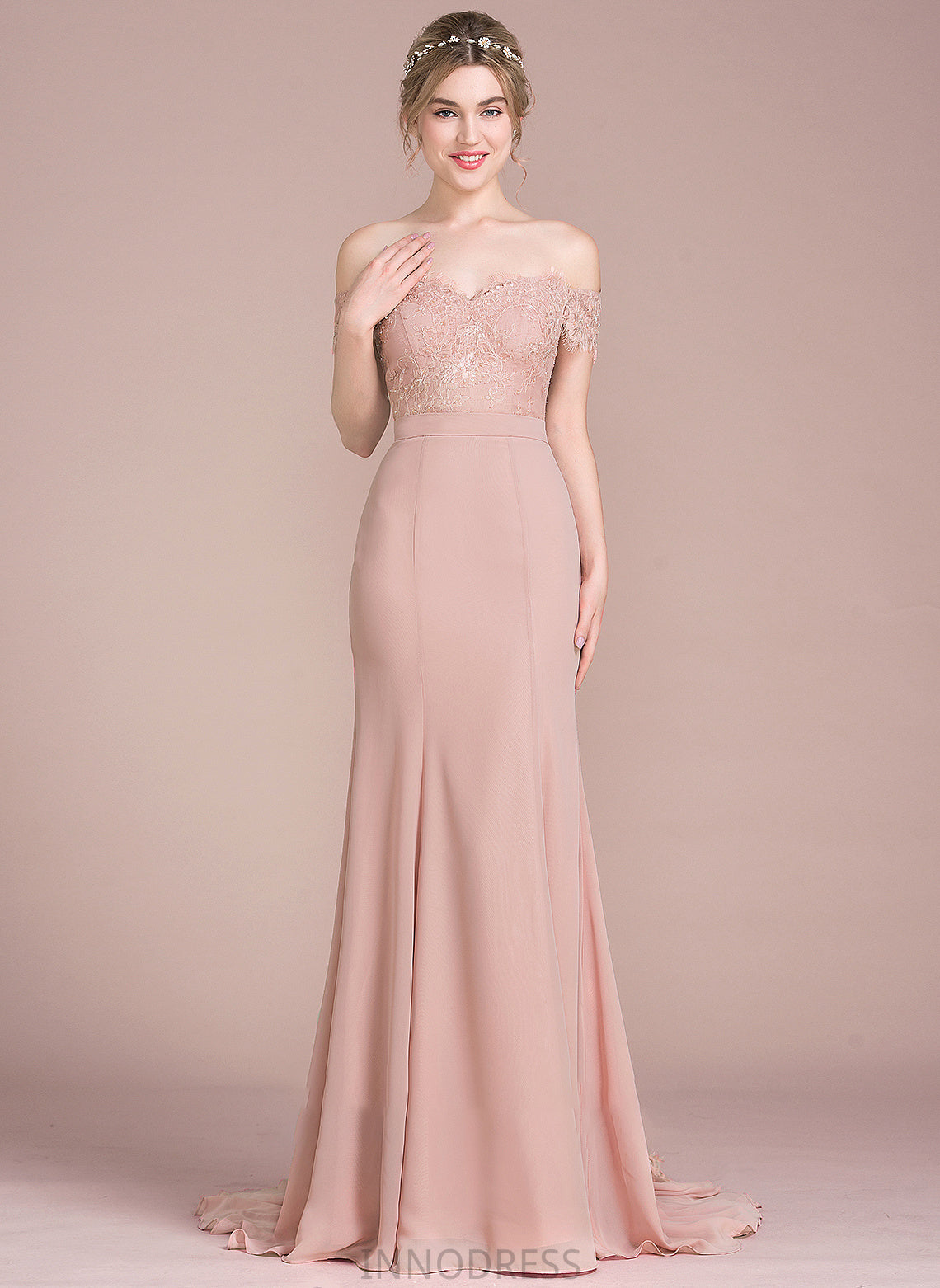 Court Prom Dresses Off-the-Shoulder Trumpet/Mermaid Train Lace Natalee With Chiffon Sequins