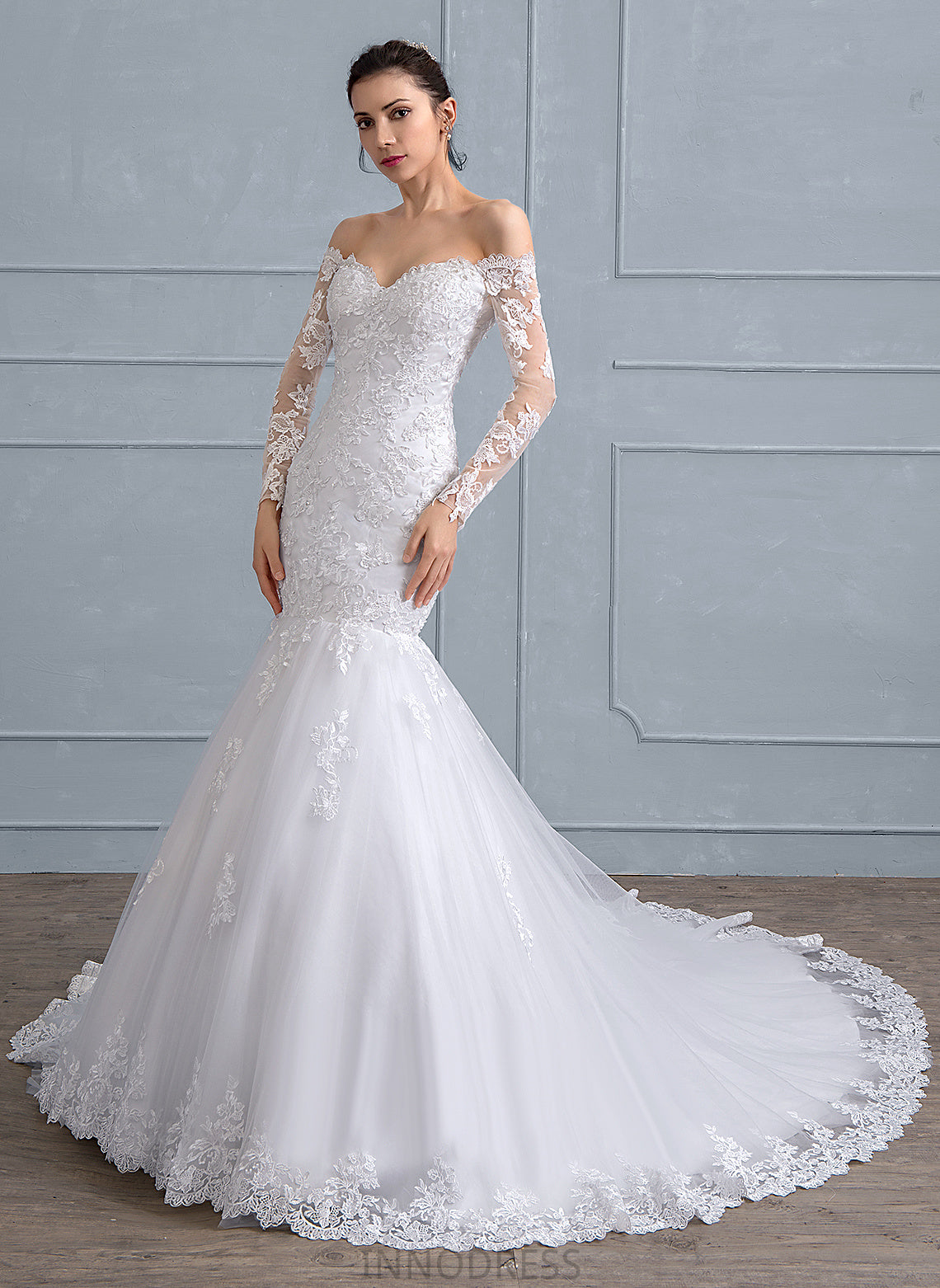 Court Tulle Wedding Dresses With Trumpet/Mermaid Beading Dress Off-the-Shoulder Sequins Lace Train Ainsley Wedding
