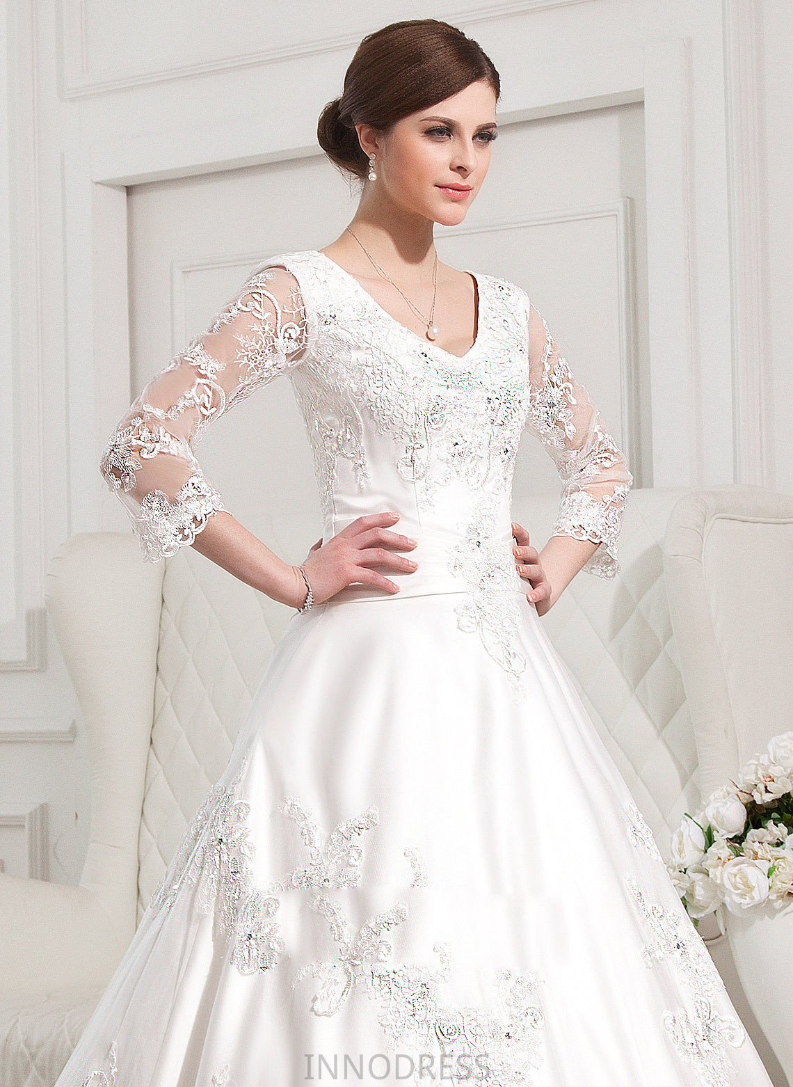 Wedding Dress Beading Wedding Dresses With Satin Rayna Lace V-neck Appliques Ball-Gown/Princess Train Chapel