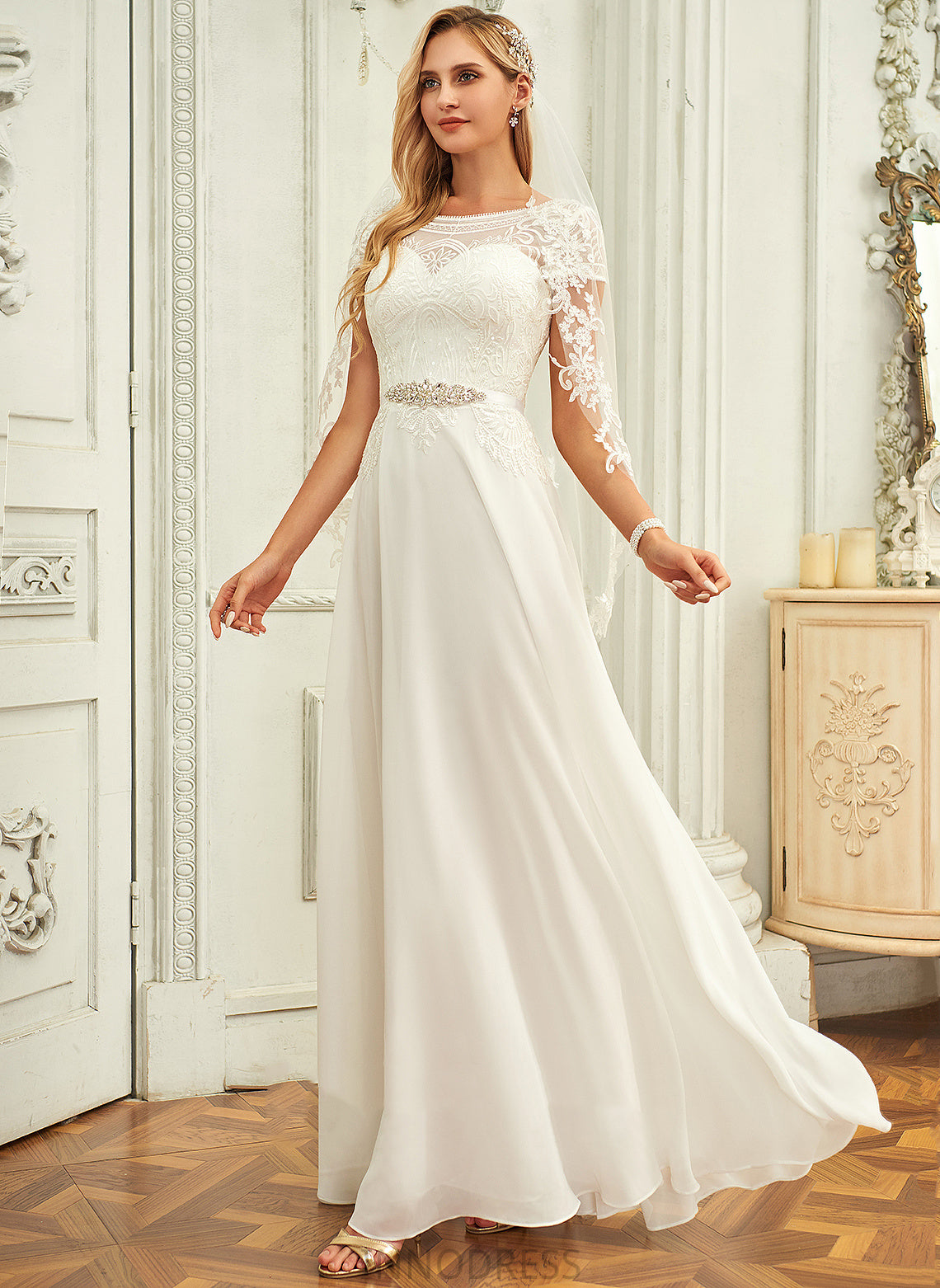Lace Sequins Chiffon Scoop Wedding Dress With Floor-Length Wedding Dresses Brooke