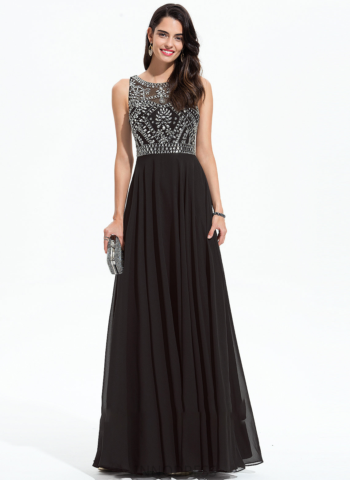 Claudia Neck Beading Floor-Length With Chiffon Scoop A-Line Prom Dresses Sequins