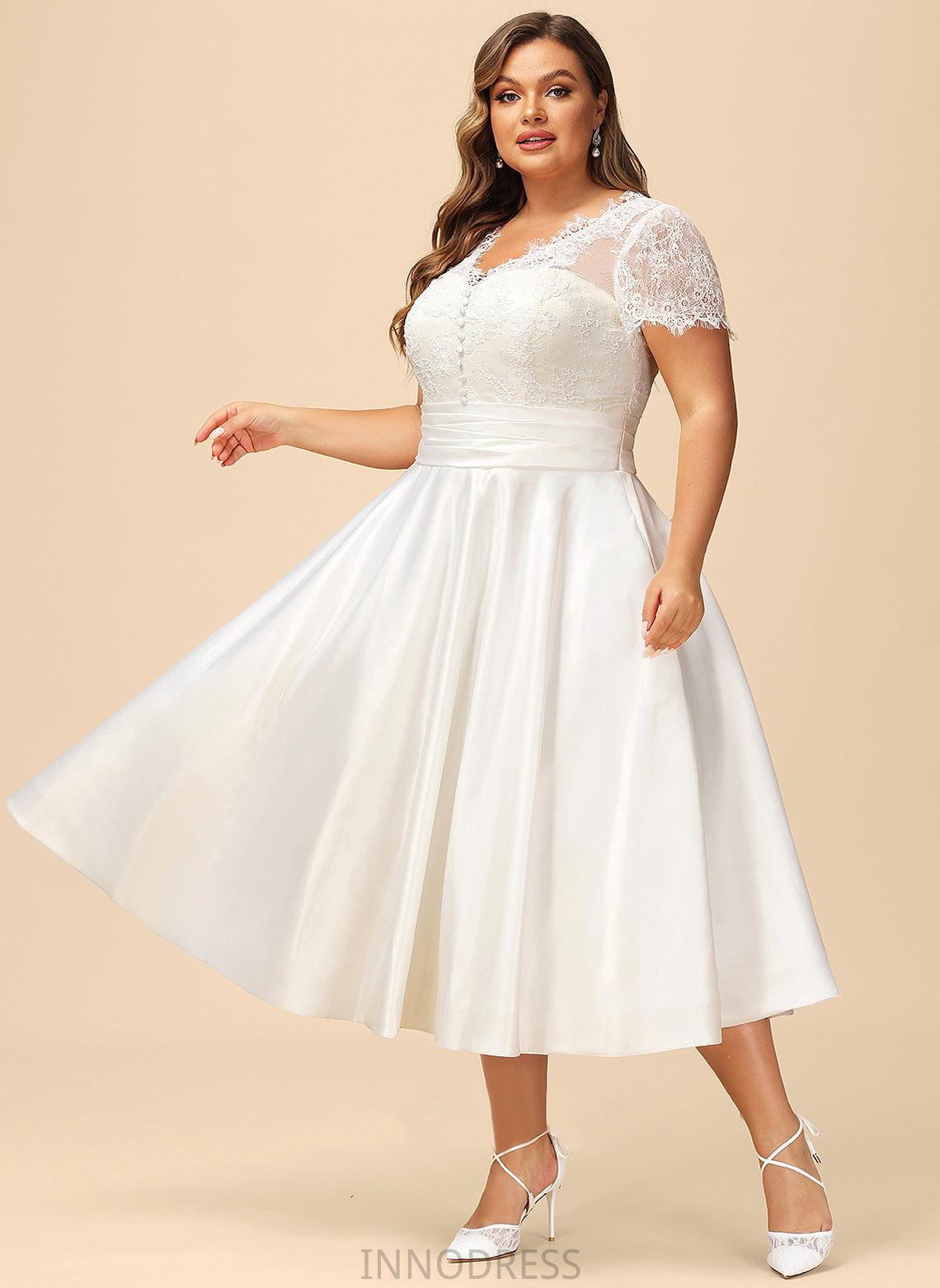 Lace Cecelia Wedding Dresses Wedding Tea-Length Satin Ruffle A-Line Dress V-neck With