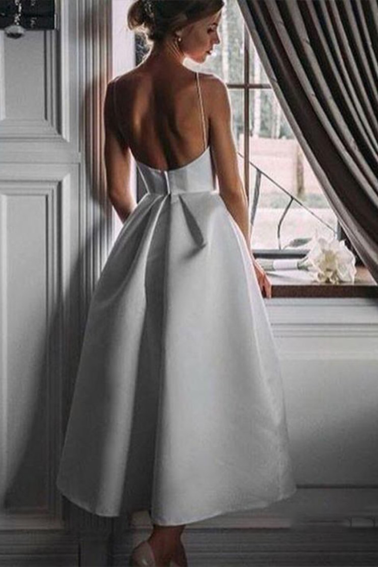 A-Line Tea-Length White Prom Pru Homecoming Dresses Dress With Pockets