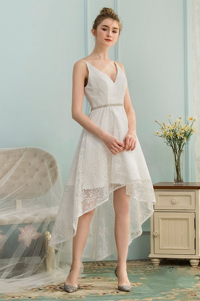 High Low Homecoming Dresses Ivory Lace Carla V-Neck Asymmetrical