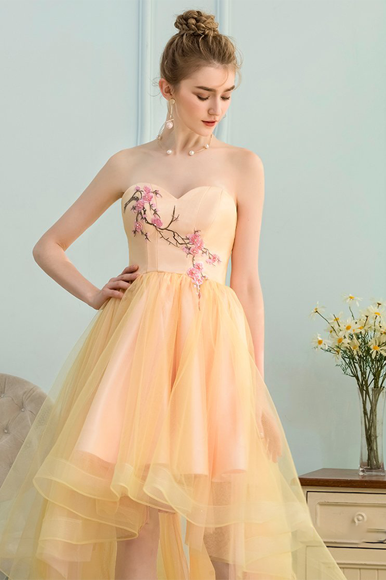 A-Line Satin Lesly Homecoming Dresses Sweetheart High Low Yellow Stretch With Appliques