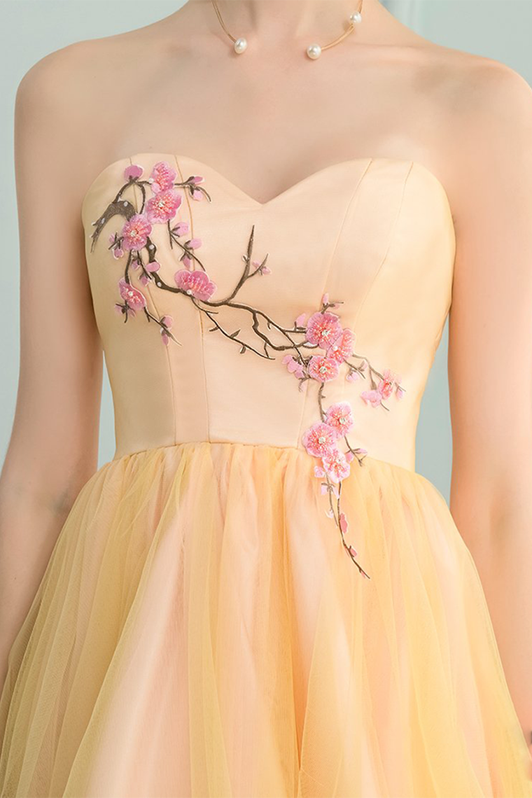 A-Line Satin Lesly Homecoming Dresses Sweetheart High Low Yellow Stretch With Appliques