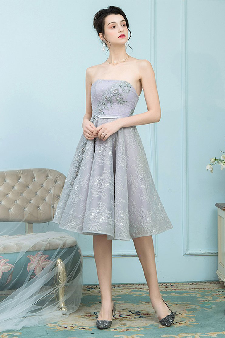 A-Line Strapless Grey Ball Gown With Lace Lacey Homecoming Dresses Rhinestones