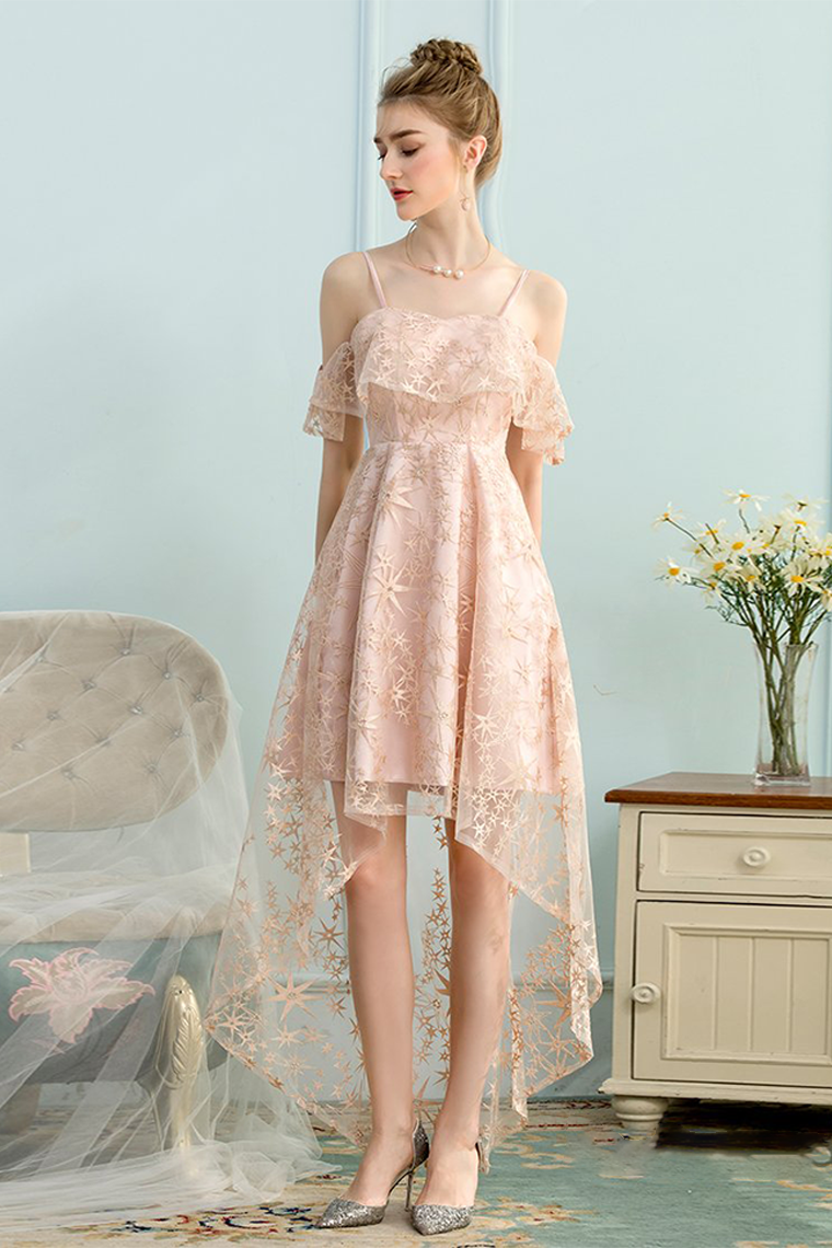 Lace Pink Homecoming Dresses Julia High Low A-Line Spaghetti Straps Ice