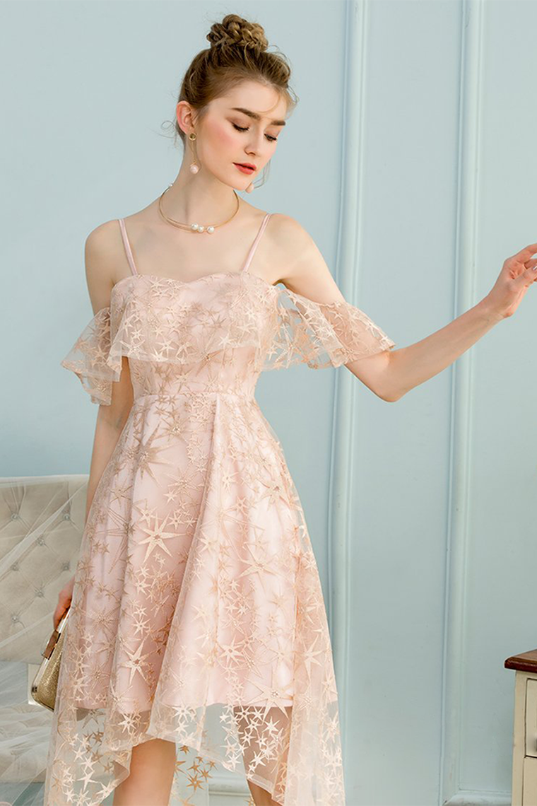 Lace Pink Homecoming Dresses Julia High Low A-Line Spaghetti Straps Ice