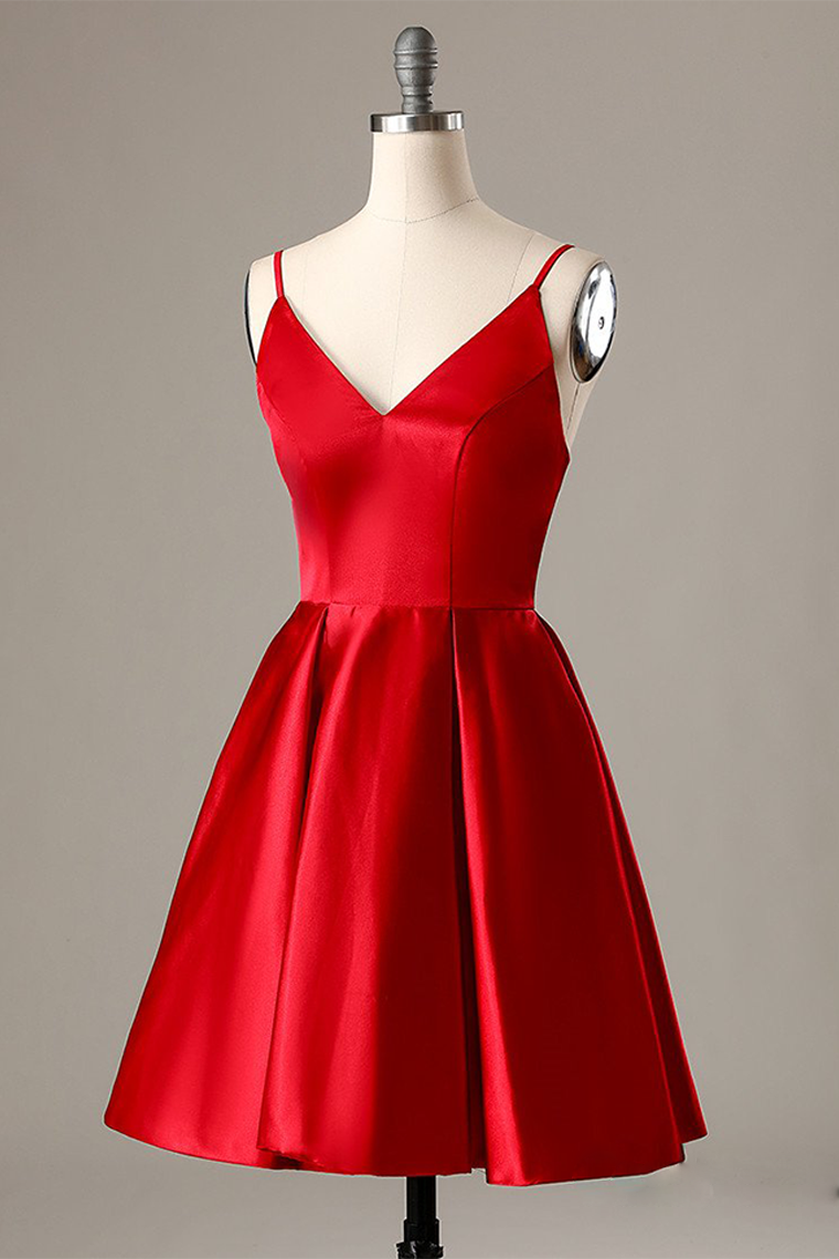 A-Line Spaghetti Straps Short Red Nathalie Homecoming Dresses With Pockets