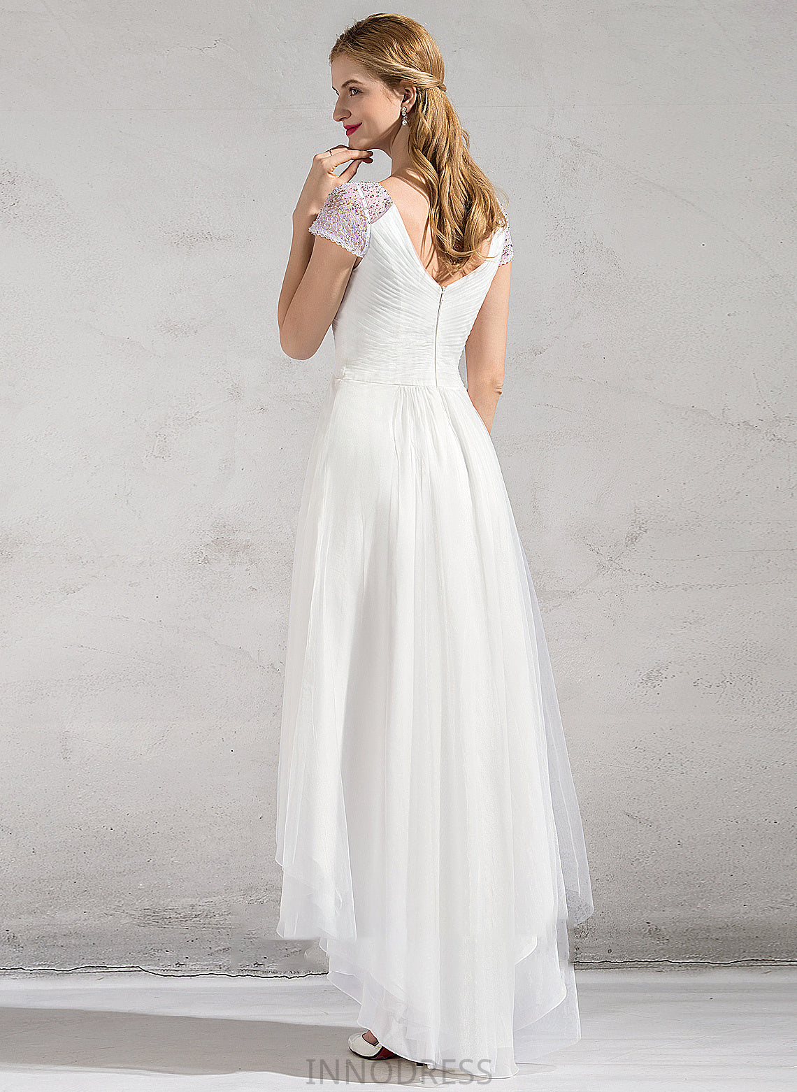 A-Line Dress Sequins V-neck Wedding Dresses Tulle Wedding Ruffle Beading Kara Asymmetrical With