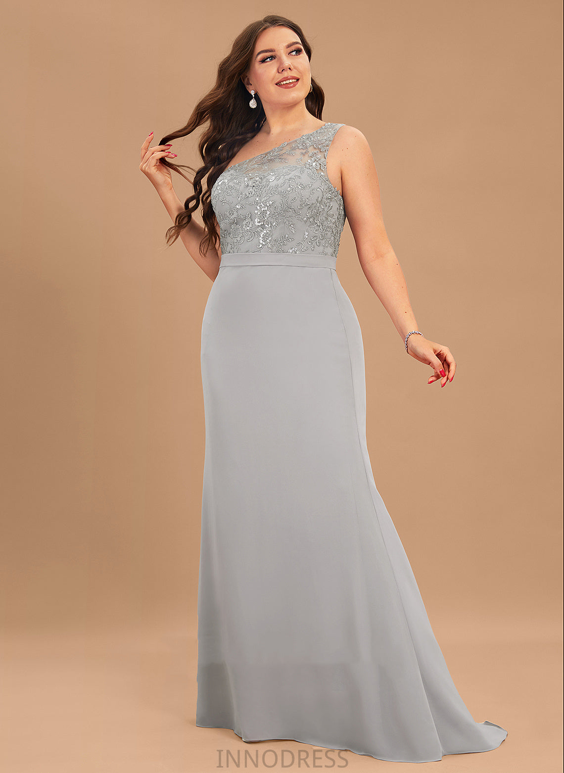 Length Trumpet/Mermaid Lace Straps Fabric One-Shoulder Silhouette SweepTrain Neckline Jane Sleeveless One Shoulder Bridesmaid Dresses