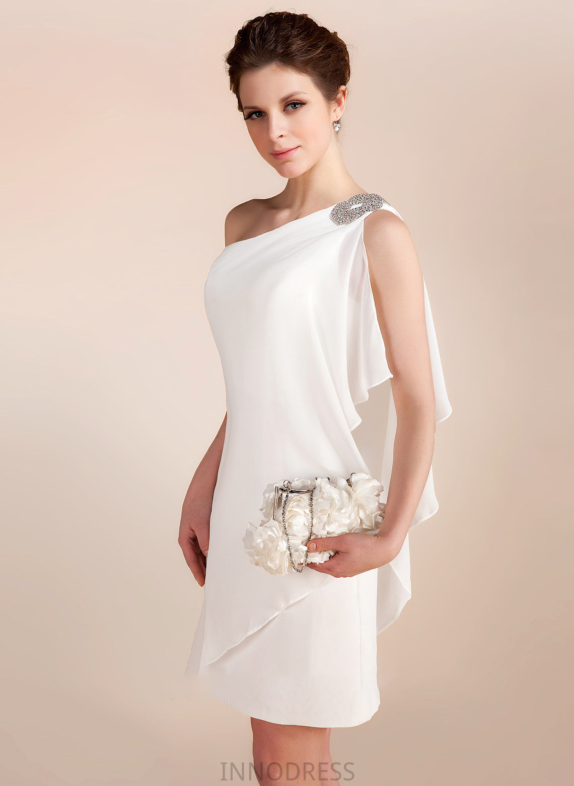 Chiffon One-Shoulder Kailey Short/Mini Dress Ruffles With Beading Wedding Cascading Wedding Dresses Sheath/Column