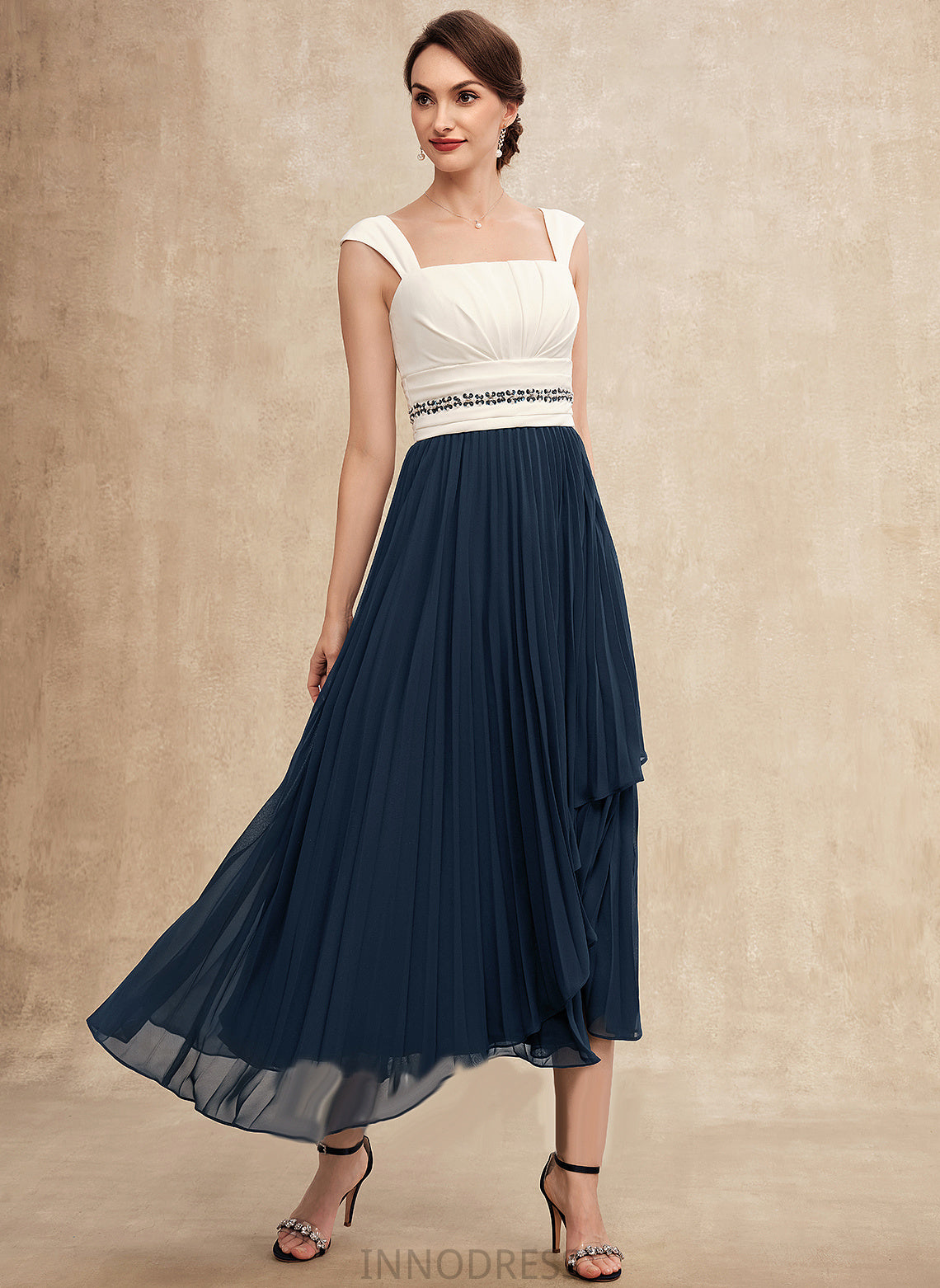 Pleated A-Line of With Beading the Dress Magdalena Square Chiffon Sequins Neckline Mother of the Bride Dresses Mother Tea-Length Bride