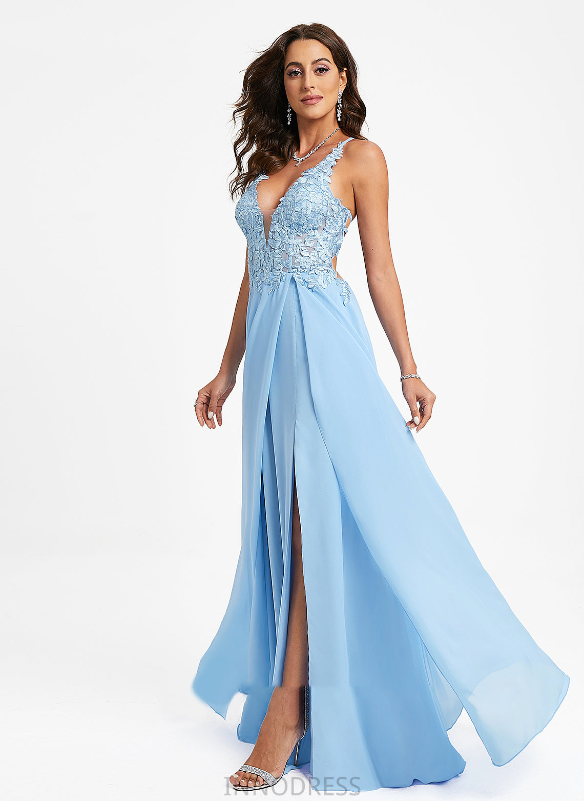 Prom Dresses V-neck Floor-Length A-Line With Lace Savanah Chiffon