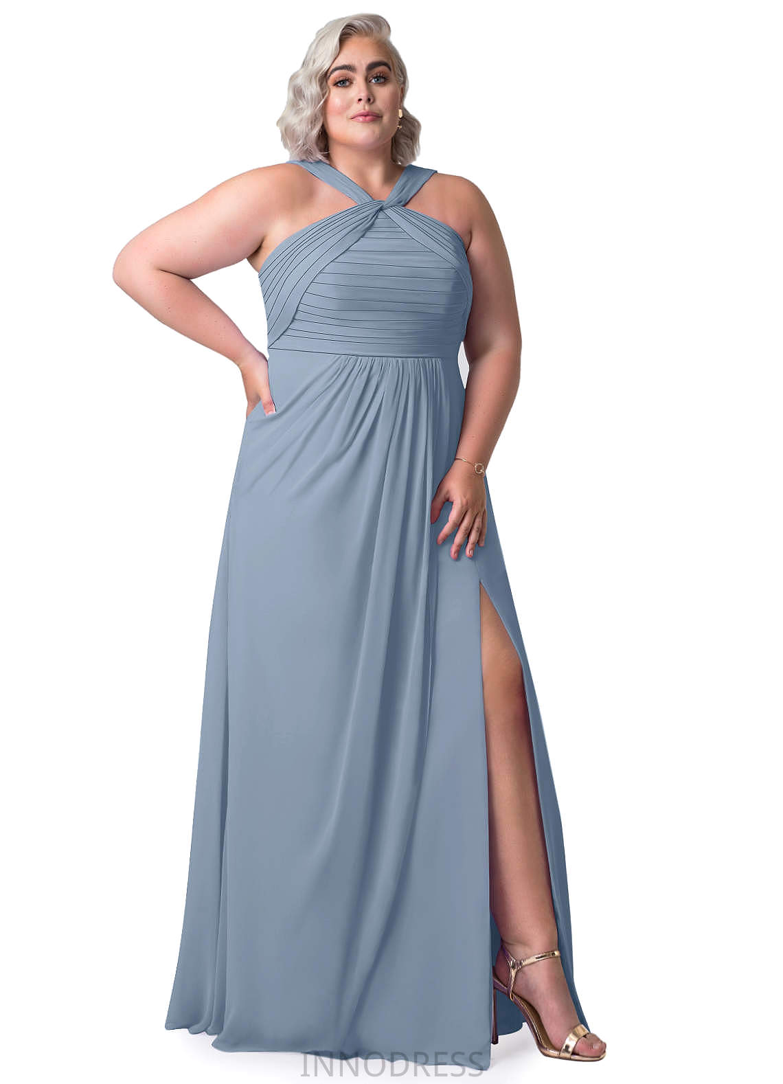 Hayley Floor Length A-Line/Princess Natural Waist Sleeveless Halter Bridesmaid Dresses