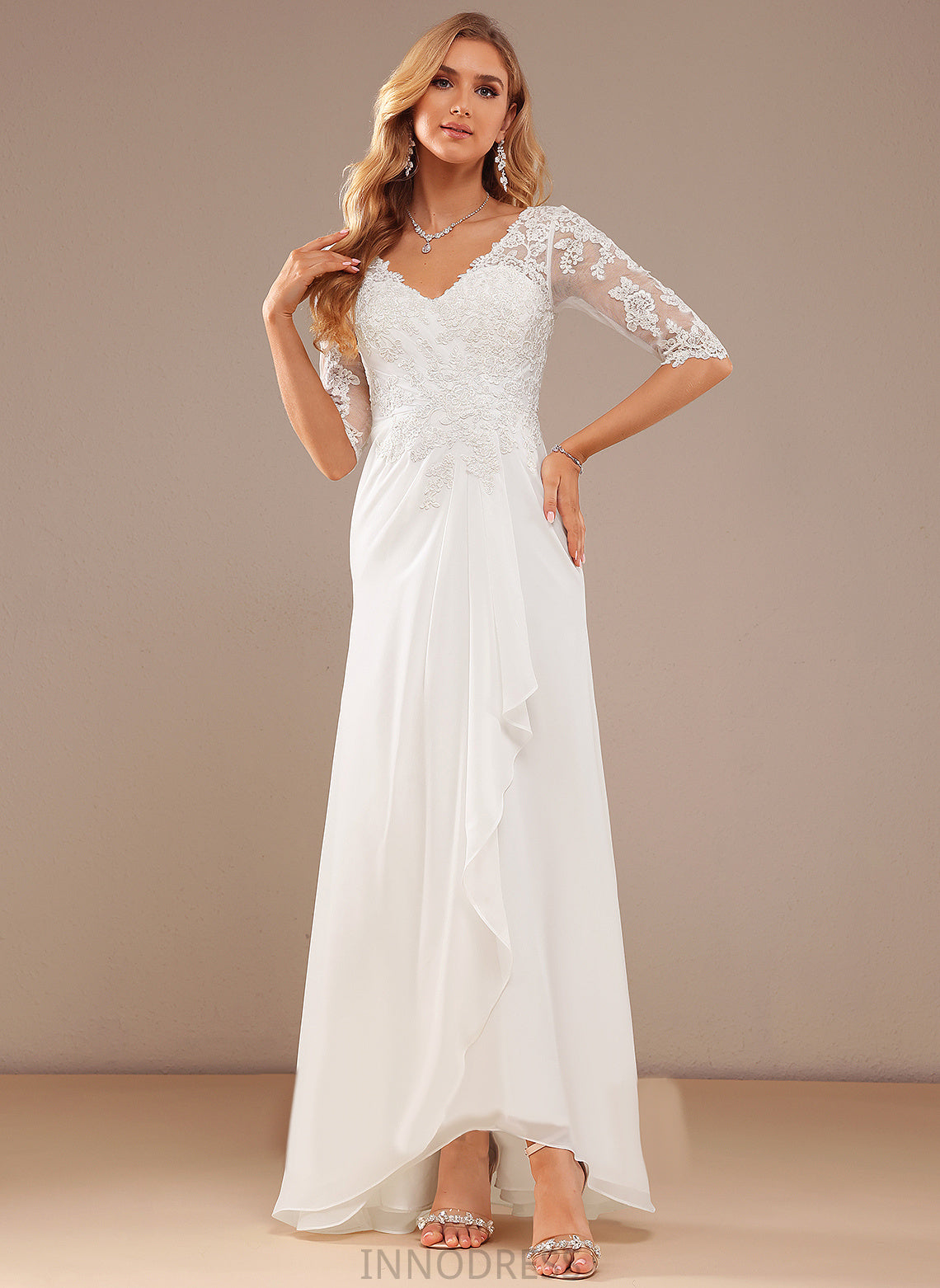 A-Line Chiffon Dress With Wedding Ruffle Lace Lace V-neck Wedding Dresses Asymmetrical Tianna