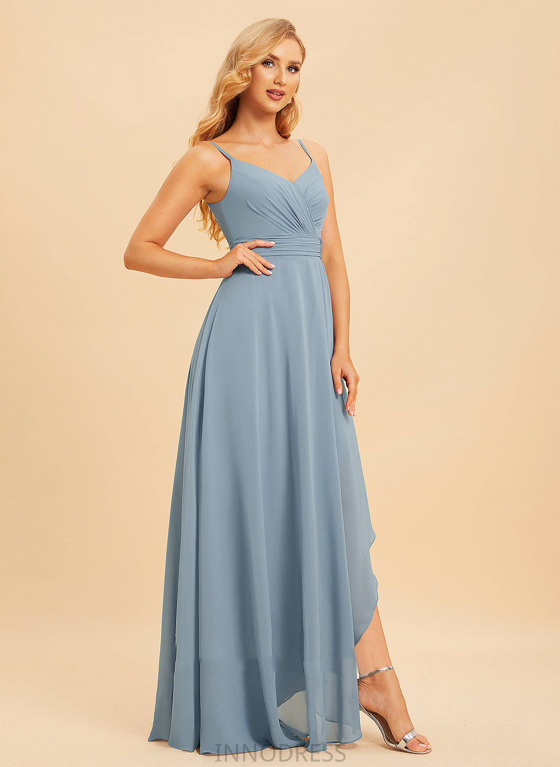 A-Line Ruffle Fabric Silhouette V-neck Length Neckline Embellishment Asymmetrical Renee A-Line/Princess Floor Length Bridesmaid Dresses