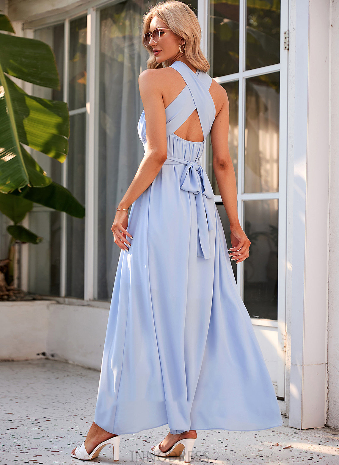 Fabric Ankle-Length Halter Silhouette A-Line Straps Length Neckline Jaslyn Short Sleeves A-Line/Princess Natural Waist Bridesmaid Dresses