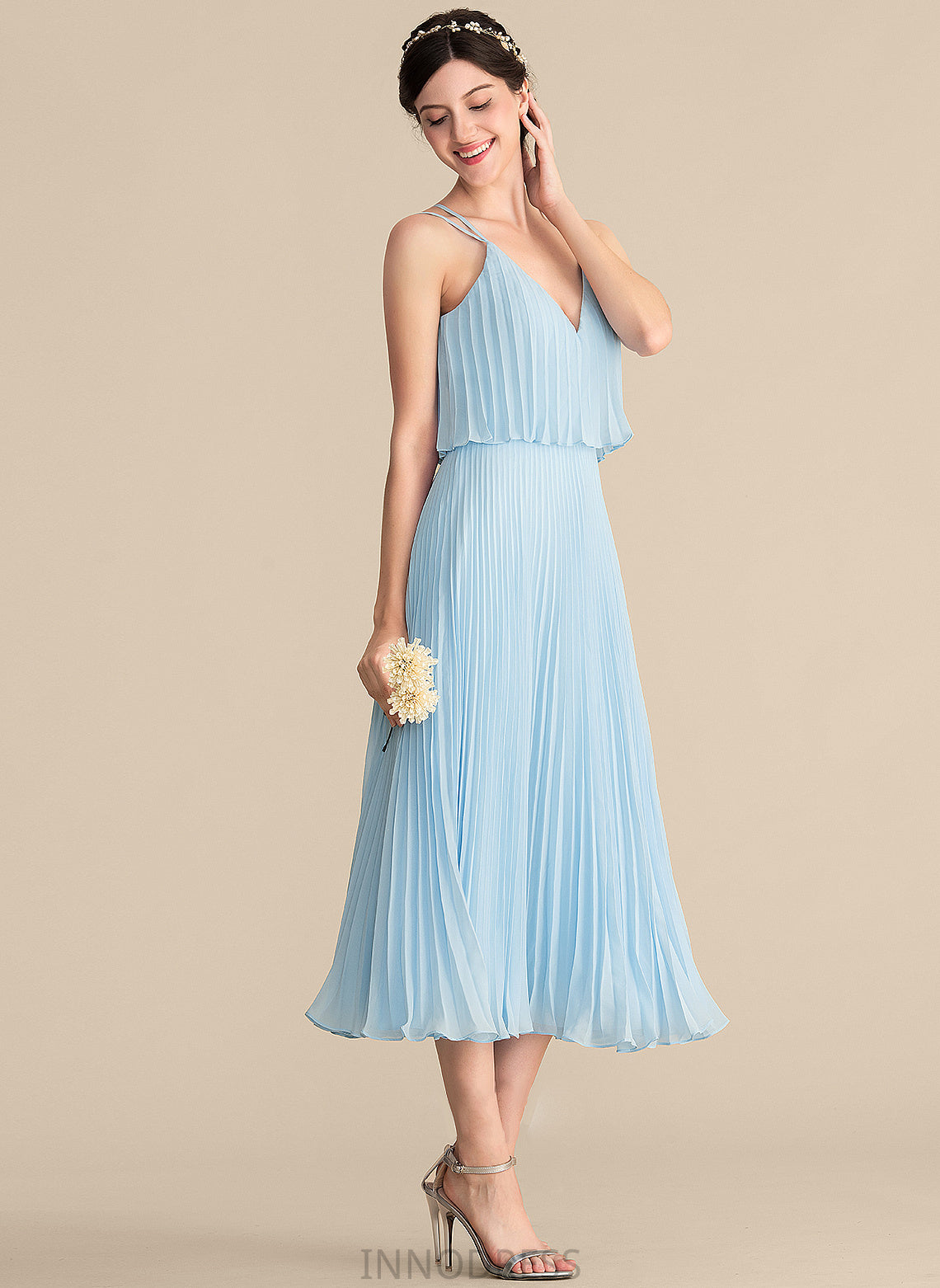 Fabric V-neck A-Line Embellishment Neckline Pleated Length Tea-Length Silhouette Marina A-Line/Princess Sleeveless